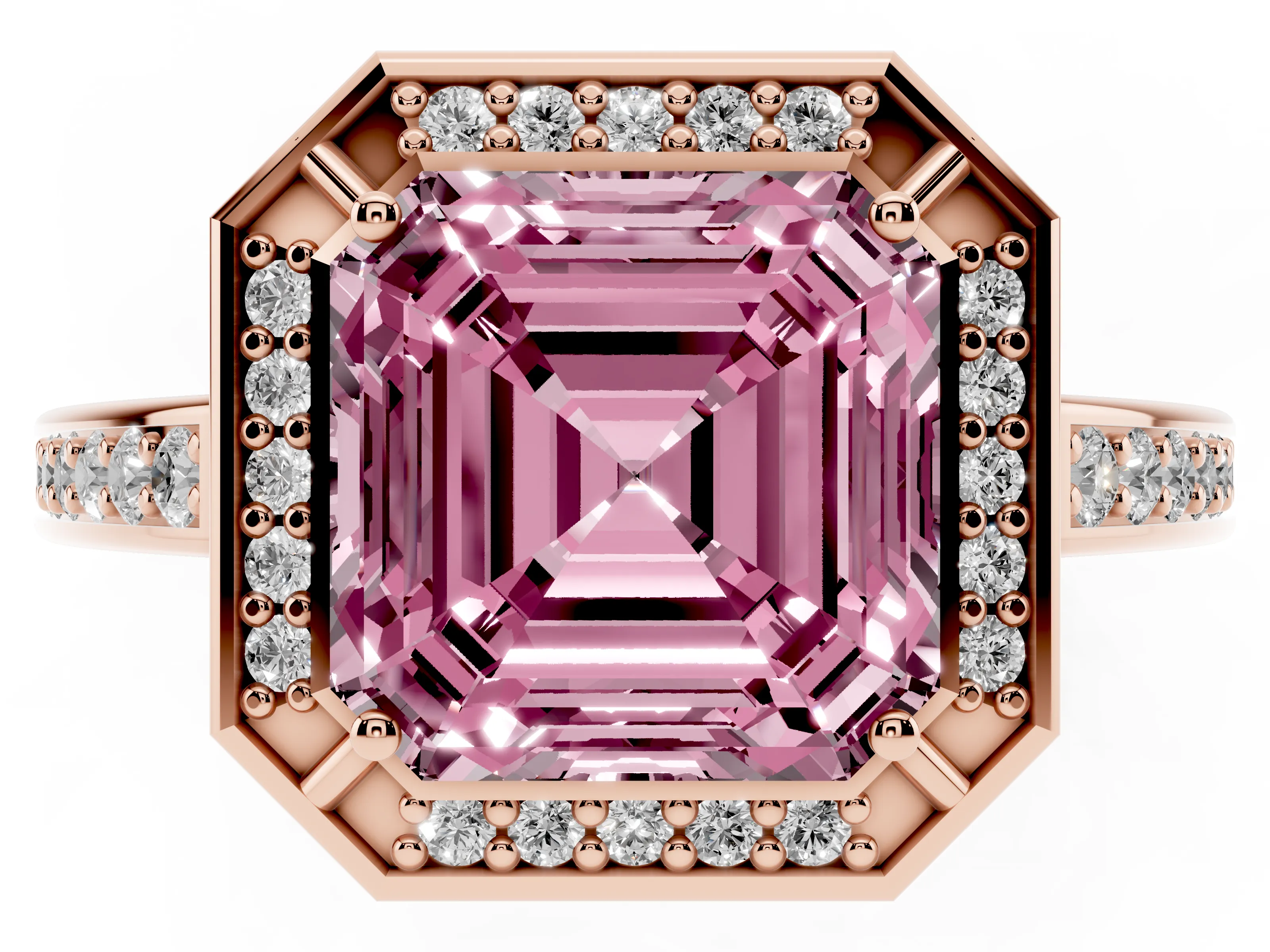 Fancy Pink Asscher Cut Diamond Halo Pavé Split Shank Ring Set in Rose gold with Prong Setting