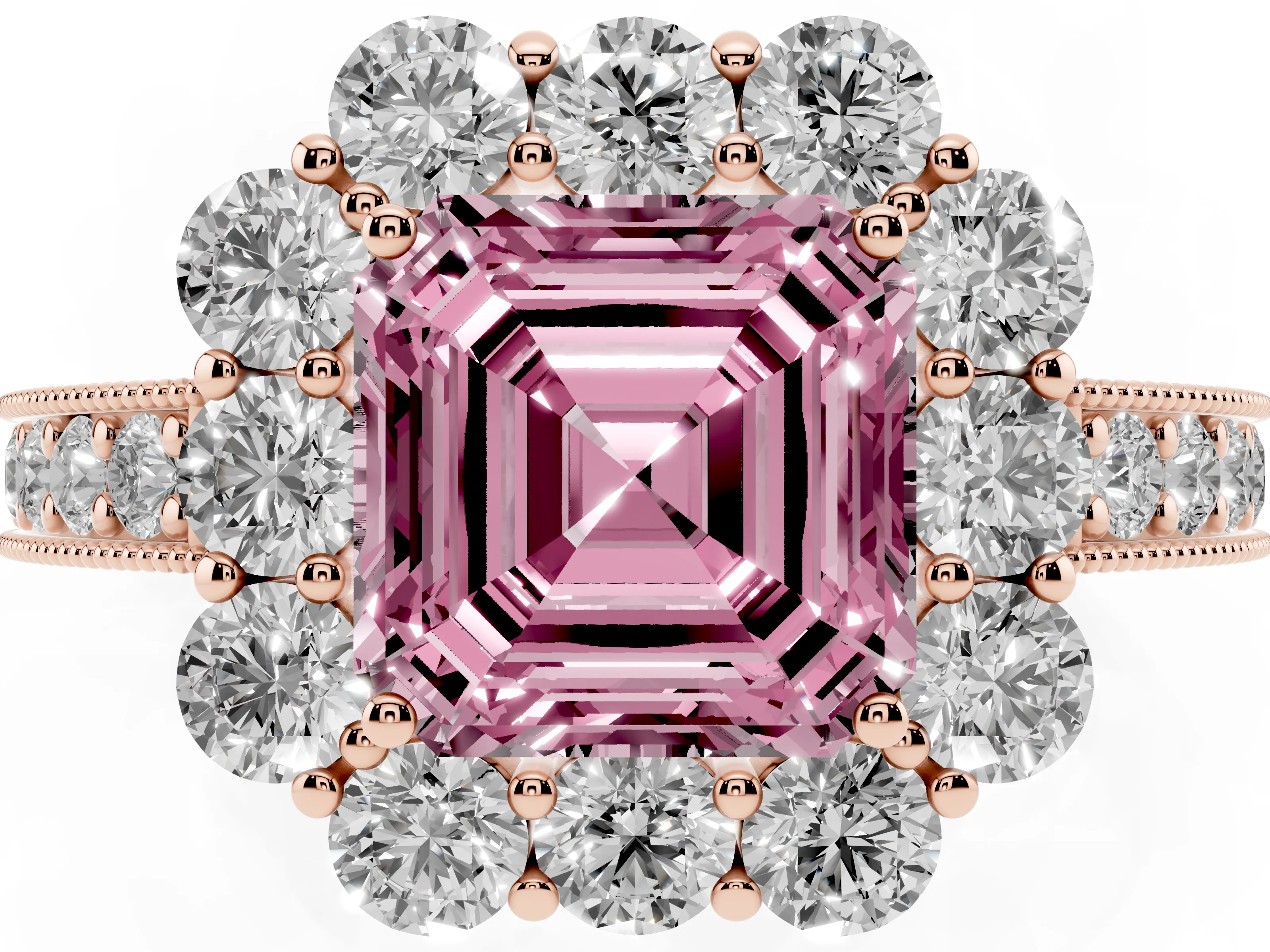 Fancy Pink Asscher Cut Diamond Halo Pavé Engagement Ring Set in Rose gold with Milgrain Detailing