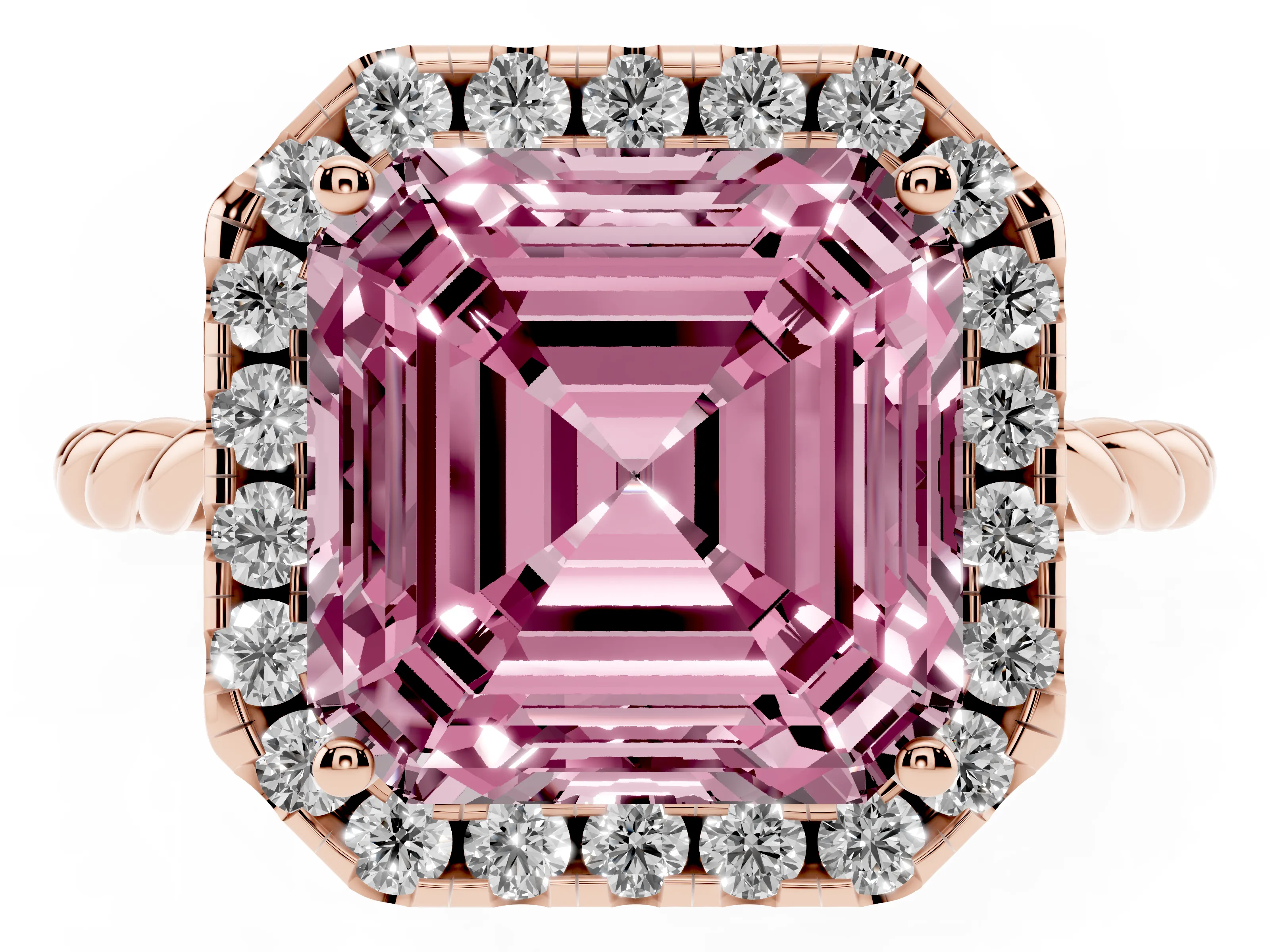 Fancy Pink Asscher Cut Diamond Halo Ring Set in Rose gold with Plain Twisted Band