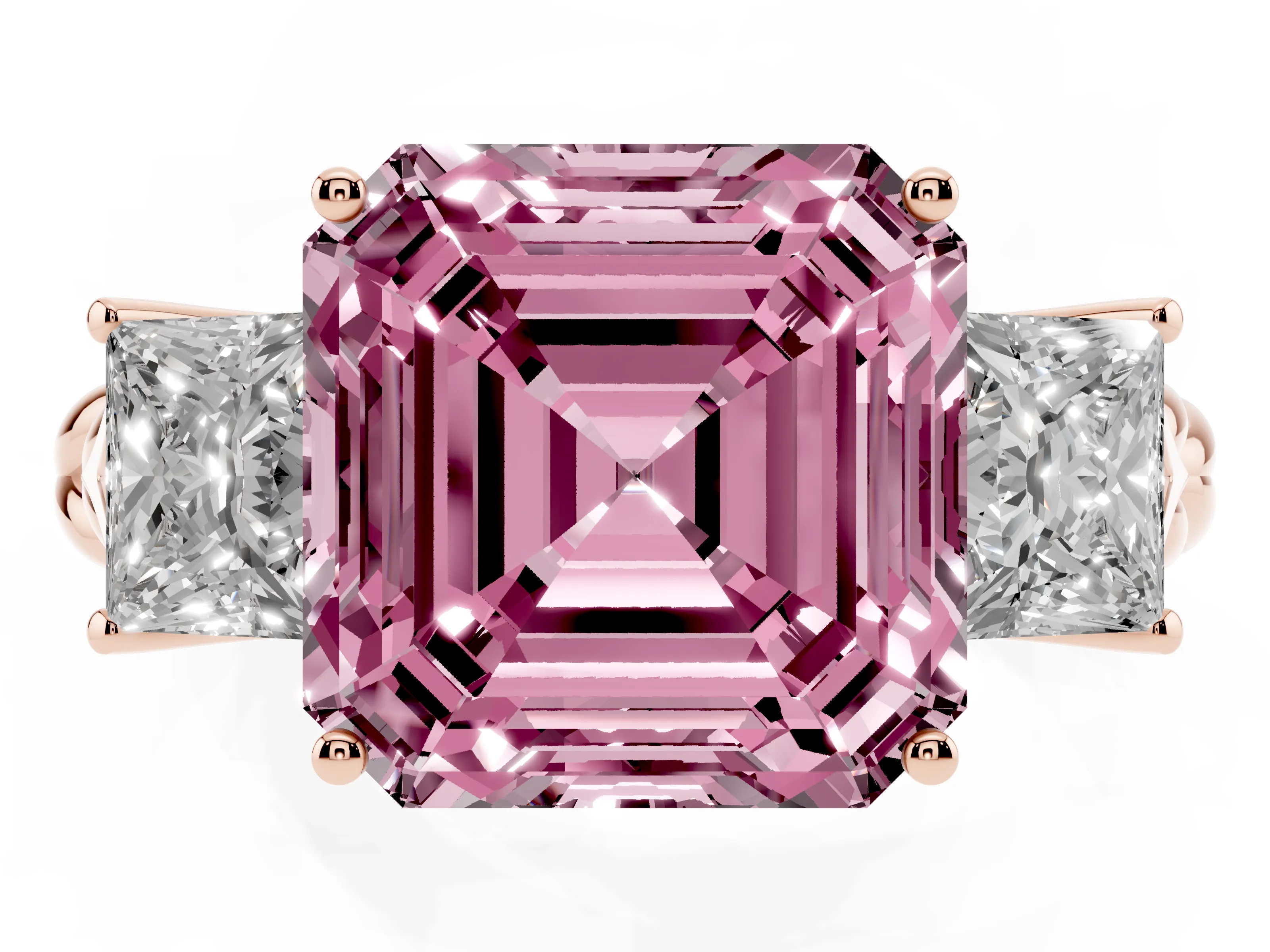 Fancy Pink Asscher Cut Diamond Three-Stone Ring Set in Rose gold with Braided Band