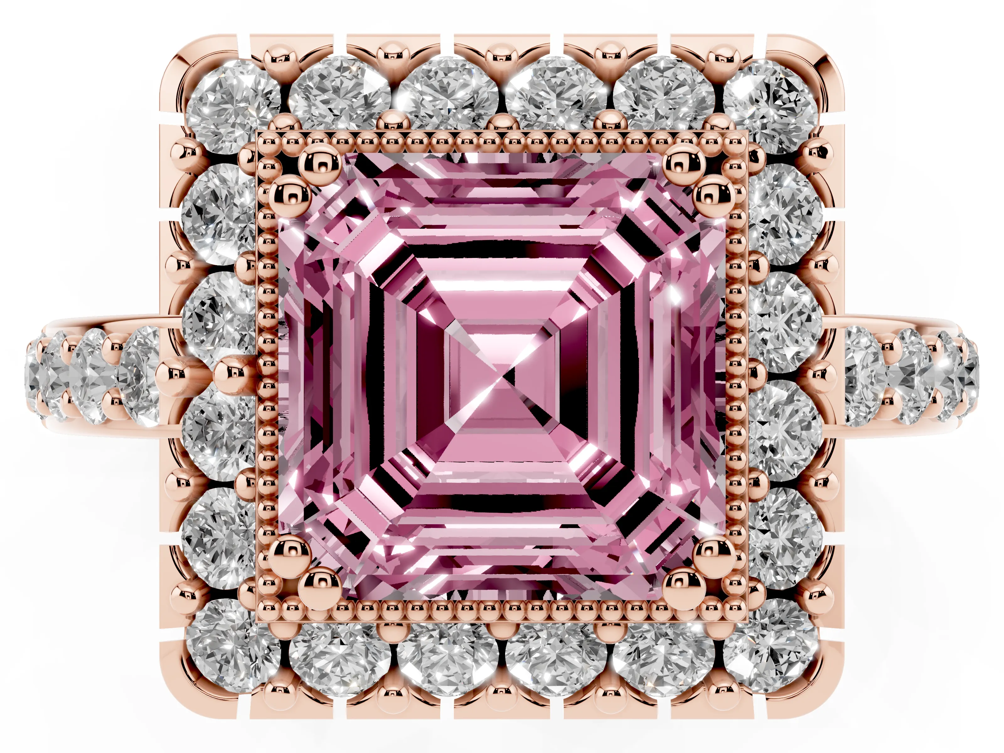 Fancy Pink Asscher Cut Diamond Halo Ring Set in Rose gold with Pavé Shank and Prong Setting