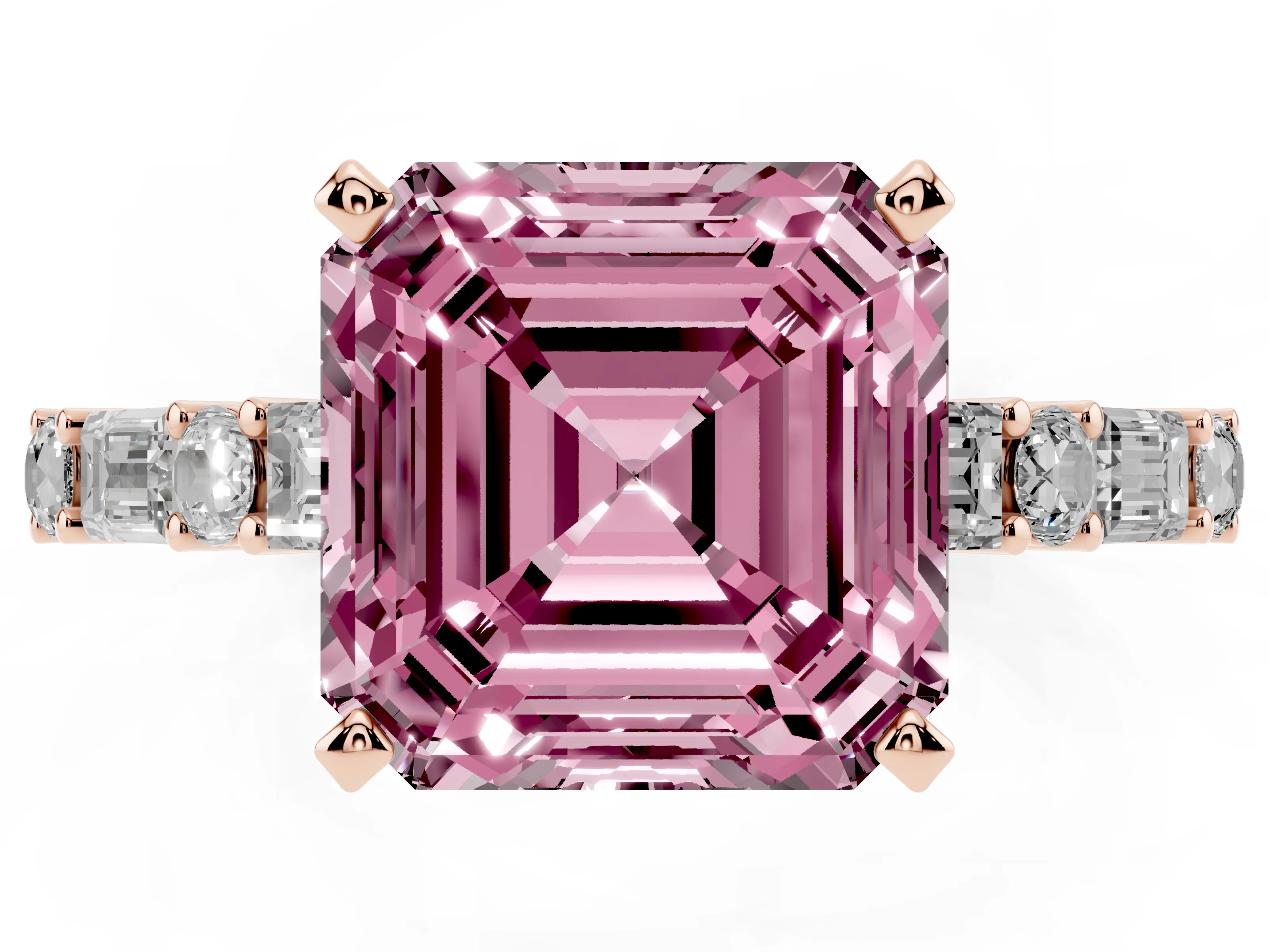 Fancy Pink Asscher Cut Diamond Solitaire Set in Rose gold with Side Baguettes and Channel Set Band