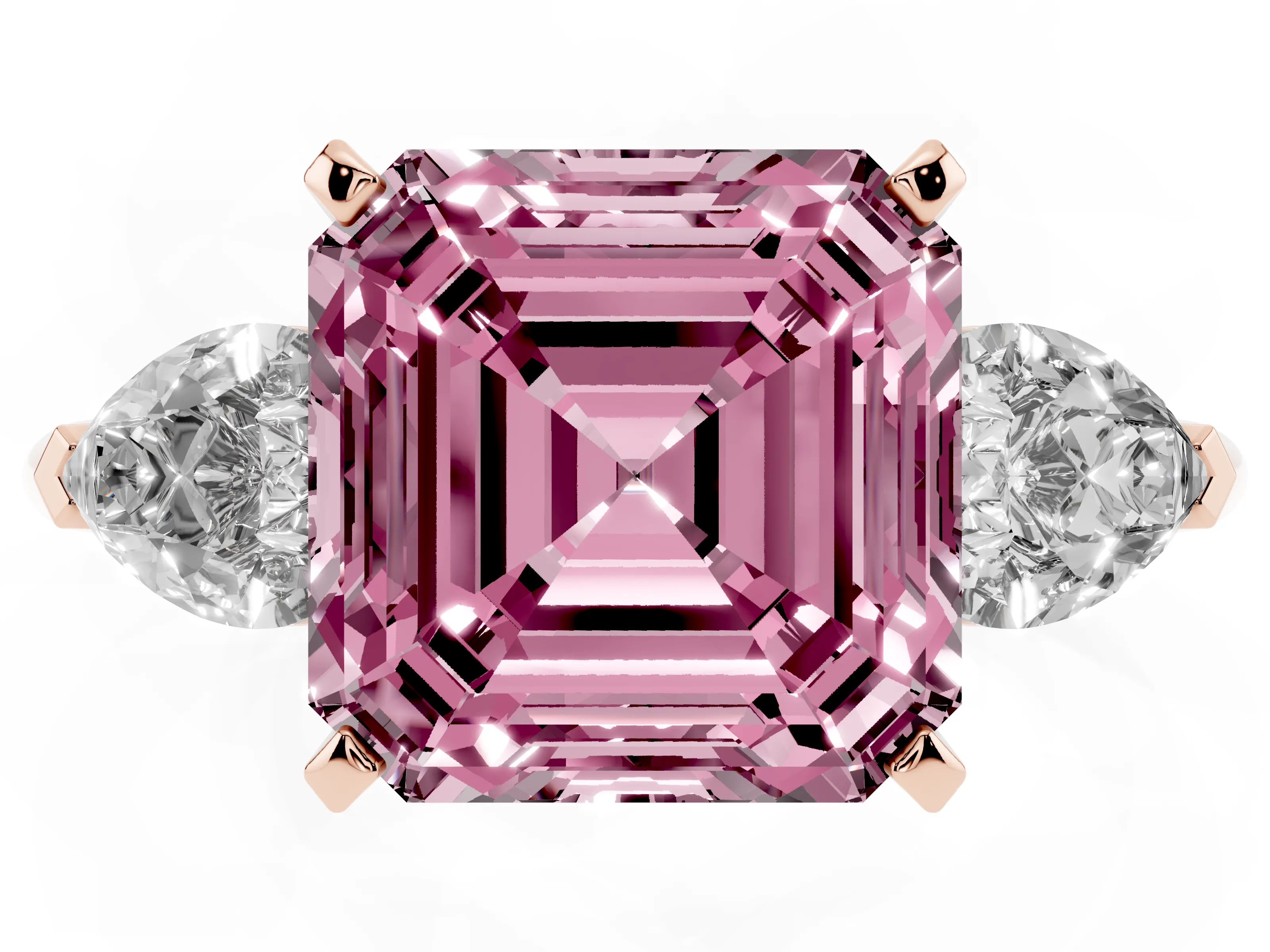 Fancy Pink Three-Stone Asscher Cut Diamond Ring Set in Rose gold with Pear Side Stones and Prong Setting