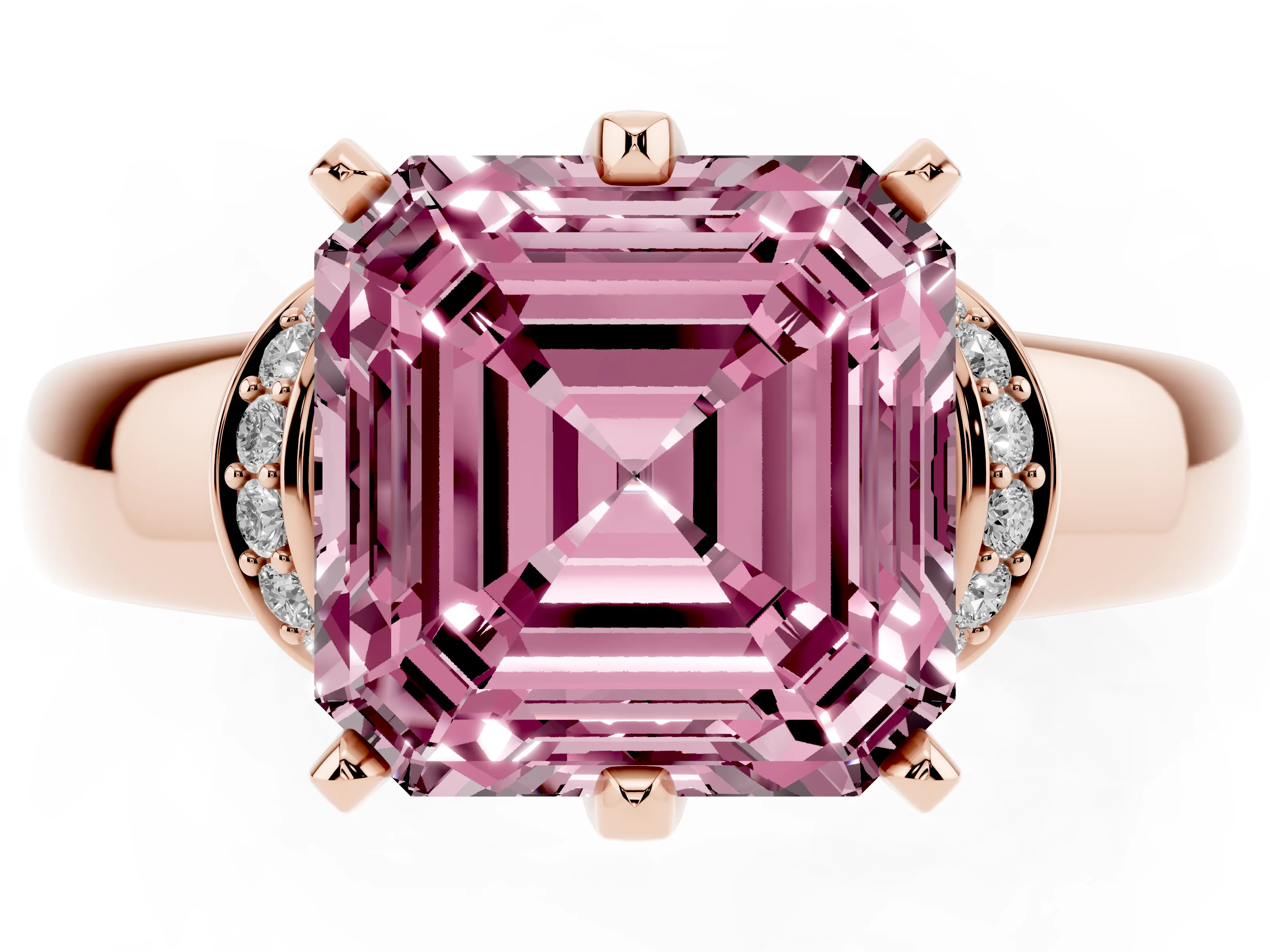 Fancy Pink Asscher Cut Diamond Pavé Band Solitaire Ring Set in Rose gold with Prong Setting
