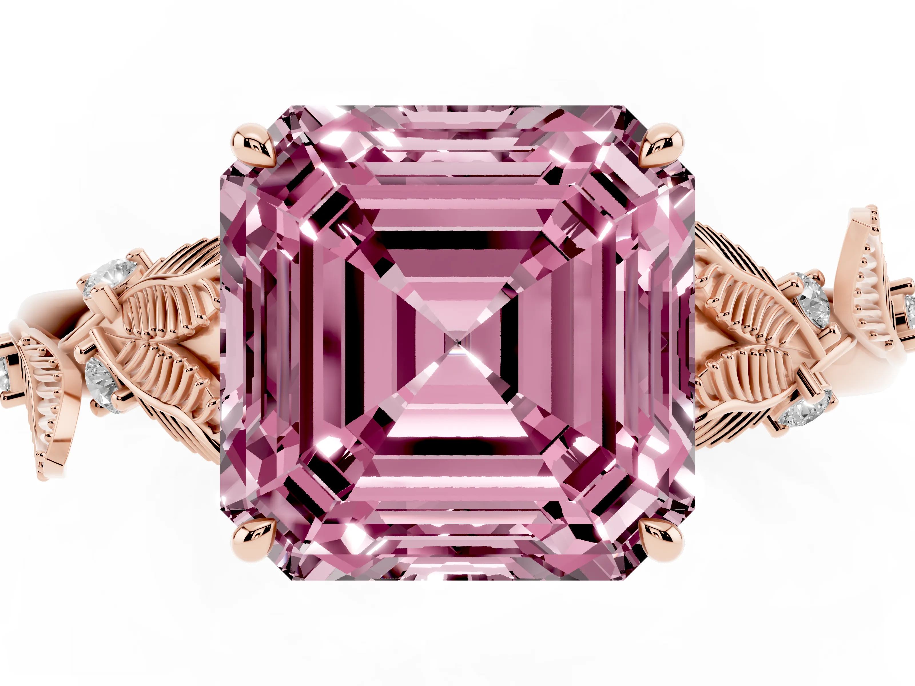 Fancy Pink Asscher Cut Diamond Solitaire Ring Set in Rose gold with Leaf Motif Band