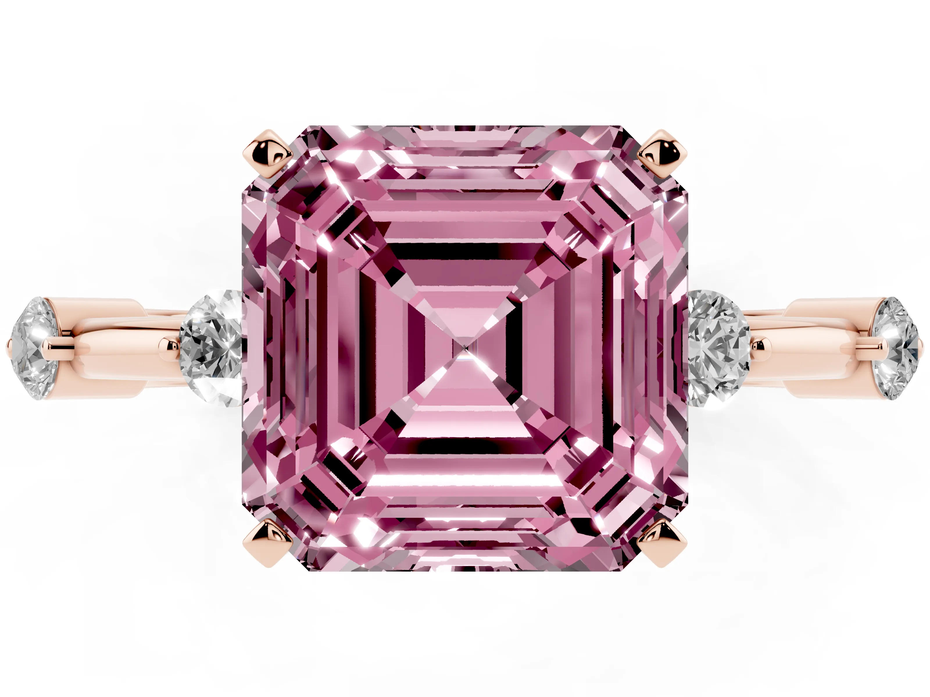 Fancy Pink Asscher Cut Diamond Solitaire Ring Set in Rose gold with Bezel Set Side Stones and Prong Setting