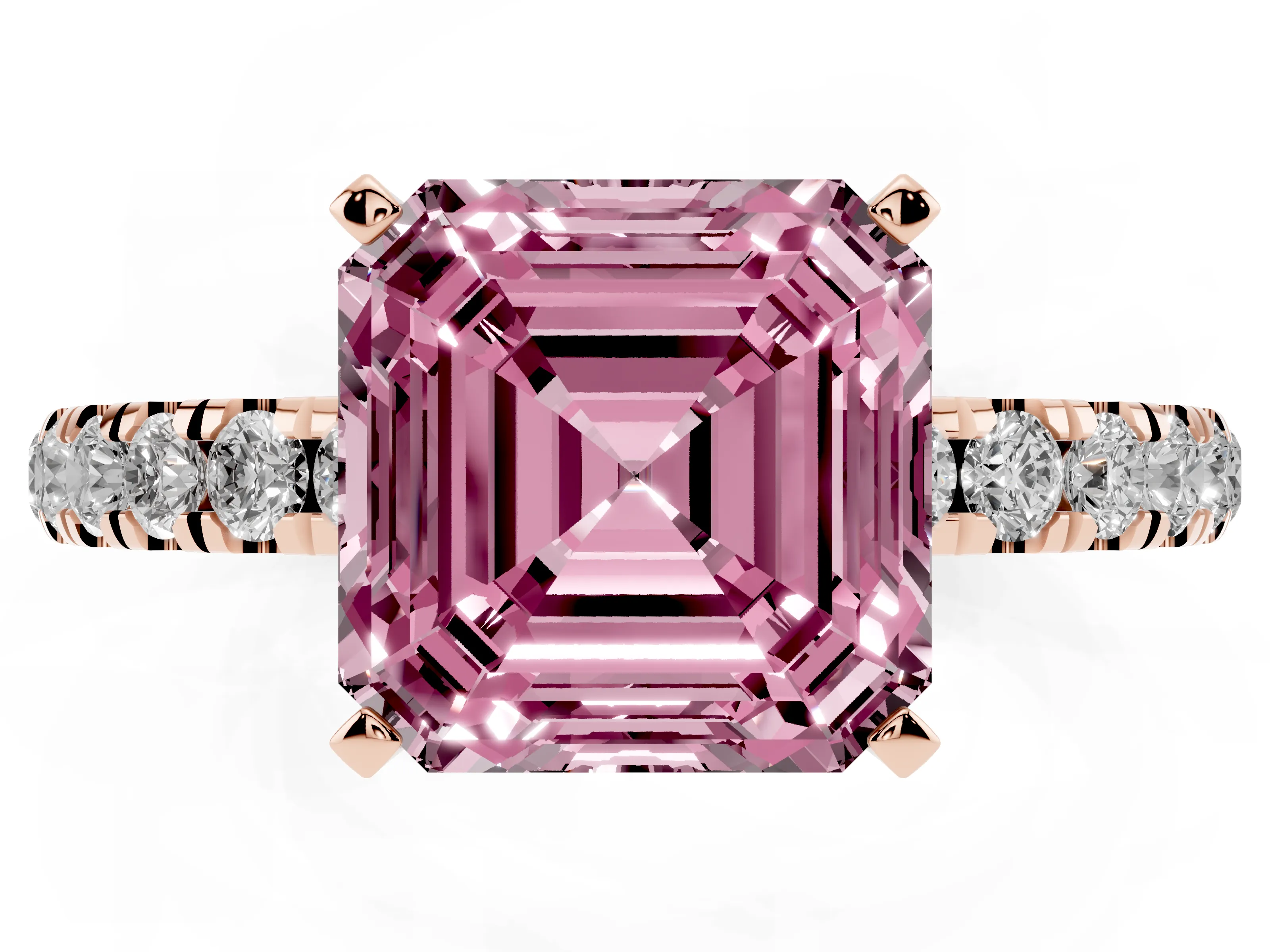Fancy Pink Asscher Cut Diamond Solitaire Ring Set in Rose gold with Pavé Accents and Prong Setting