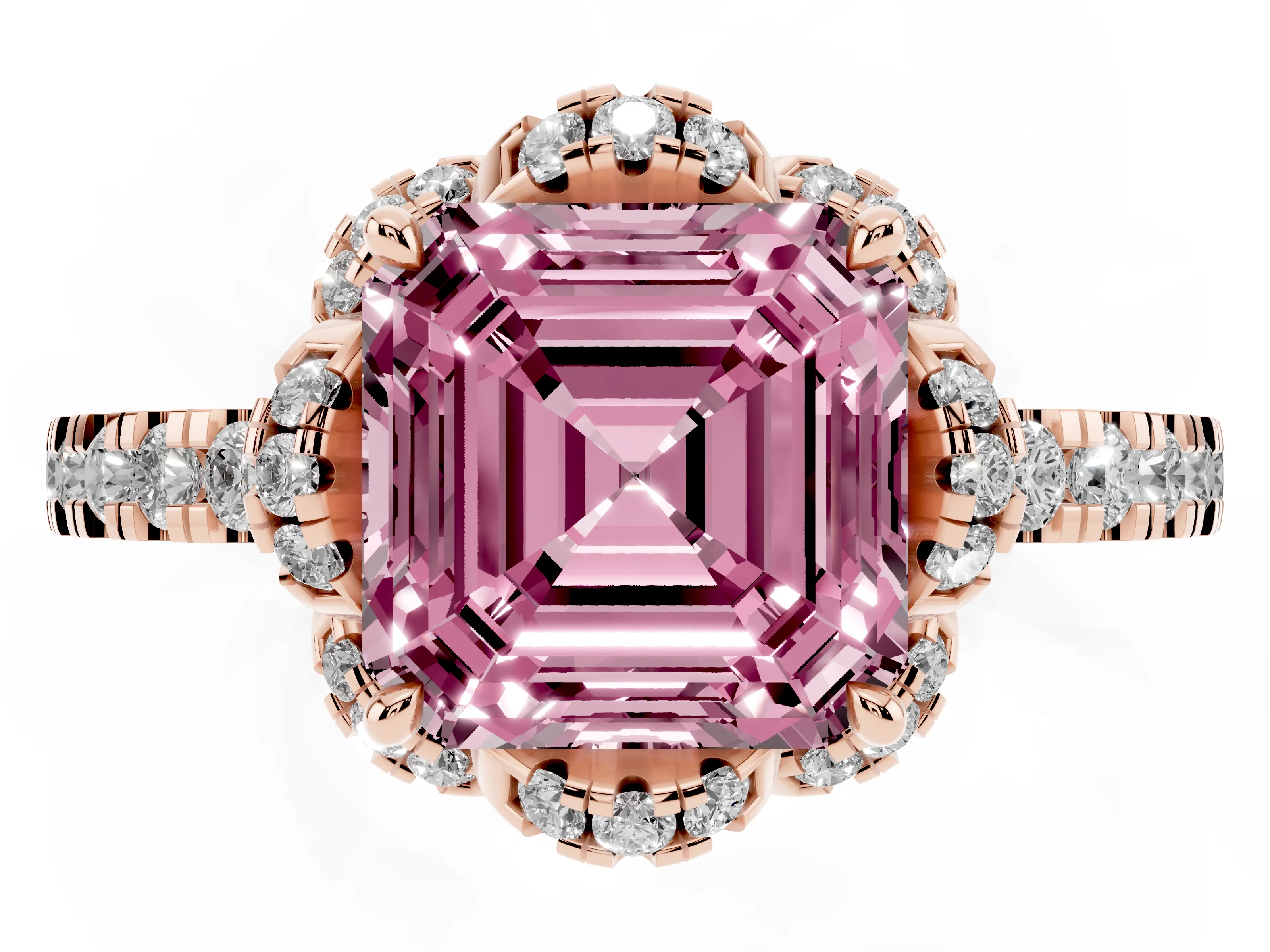 Fancy Pink Asscher Cut Diamond Halo Pavé Ring Set in Rose gold with Prong-Held Center Stone