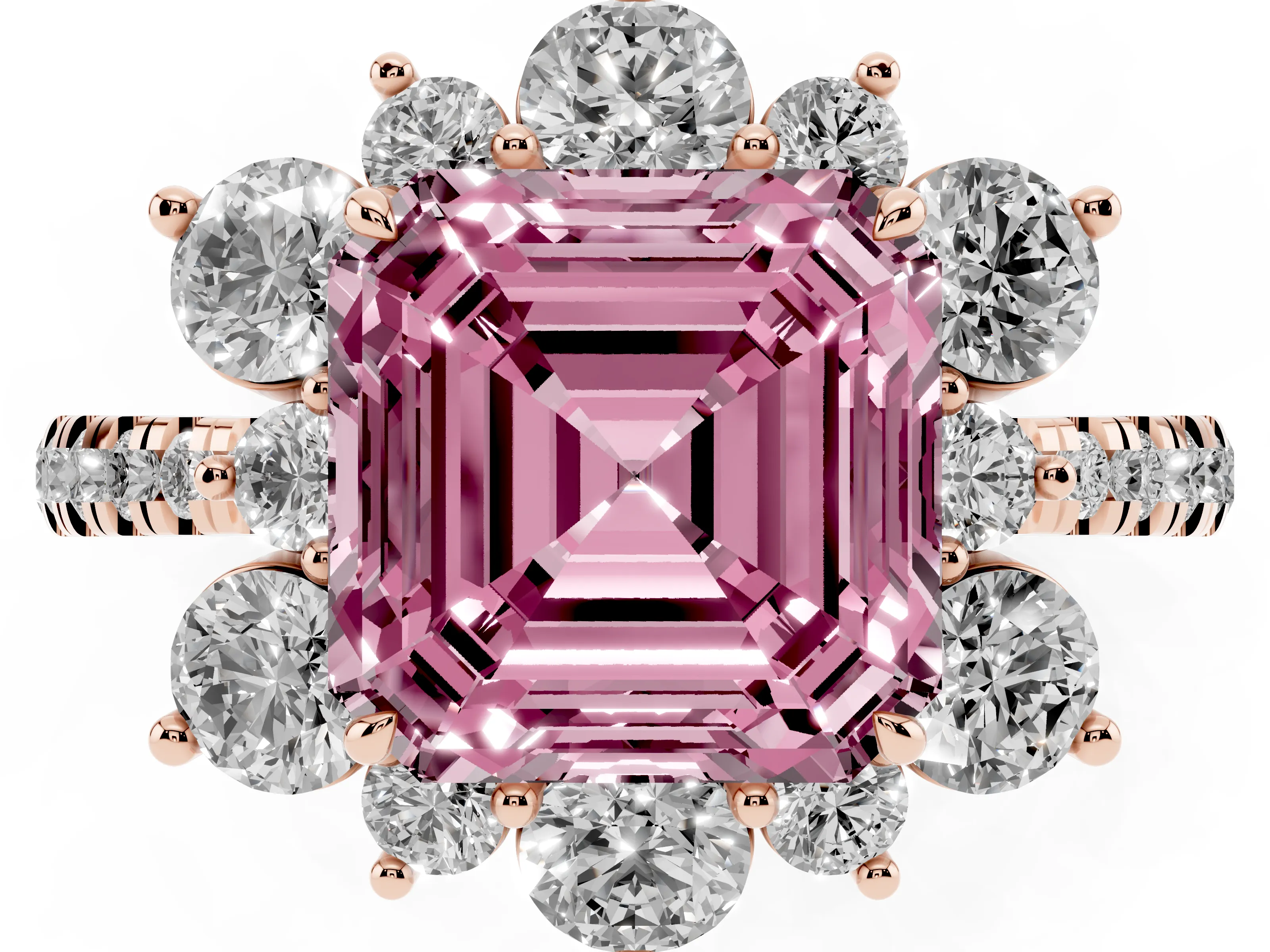 Fancy Pink Asscher Cut Diamond Floral Halo Ring Set in Rose gold with Round Pavé Band and Prong Setting
