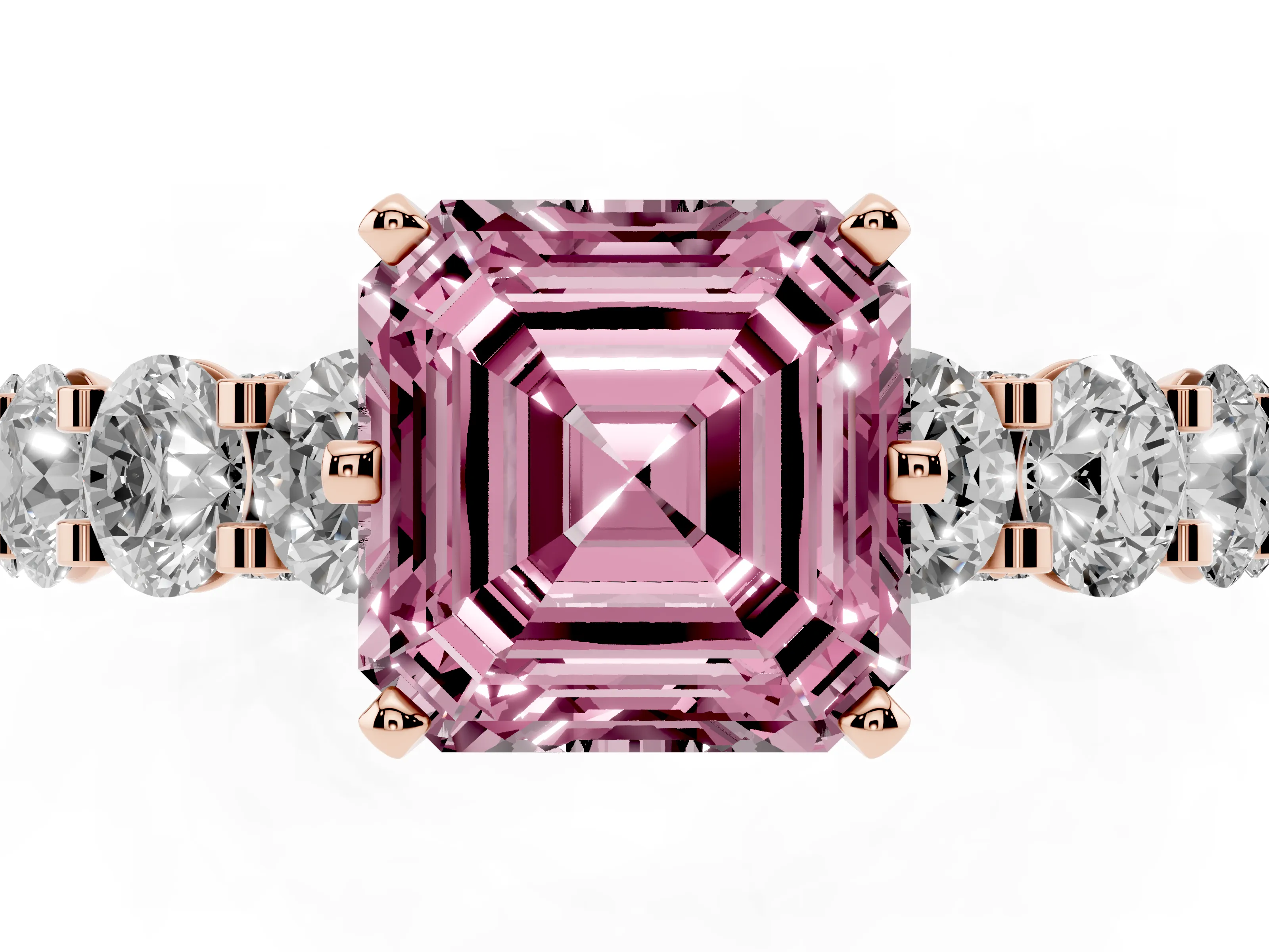 Fancy Pink Asscher Cut Diamond Side Stone Ring Set in Rose gold with Alternating Round and Oval Side Stones