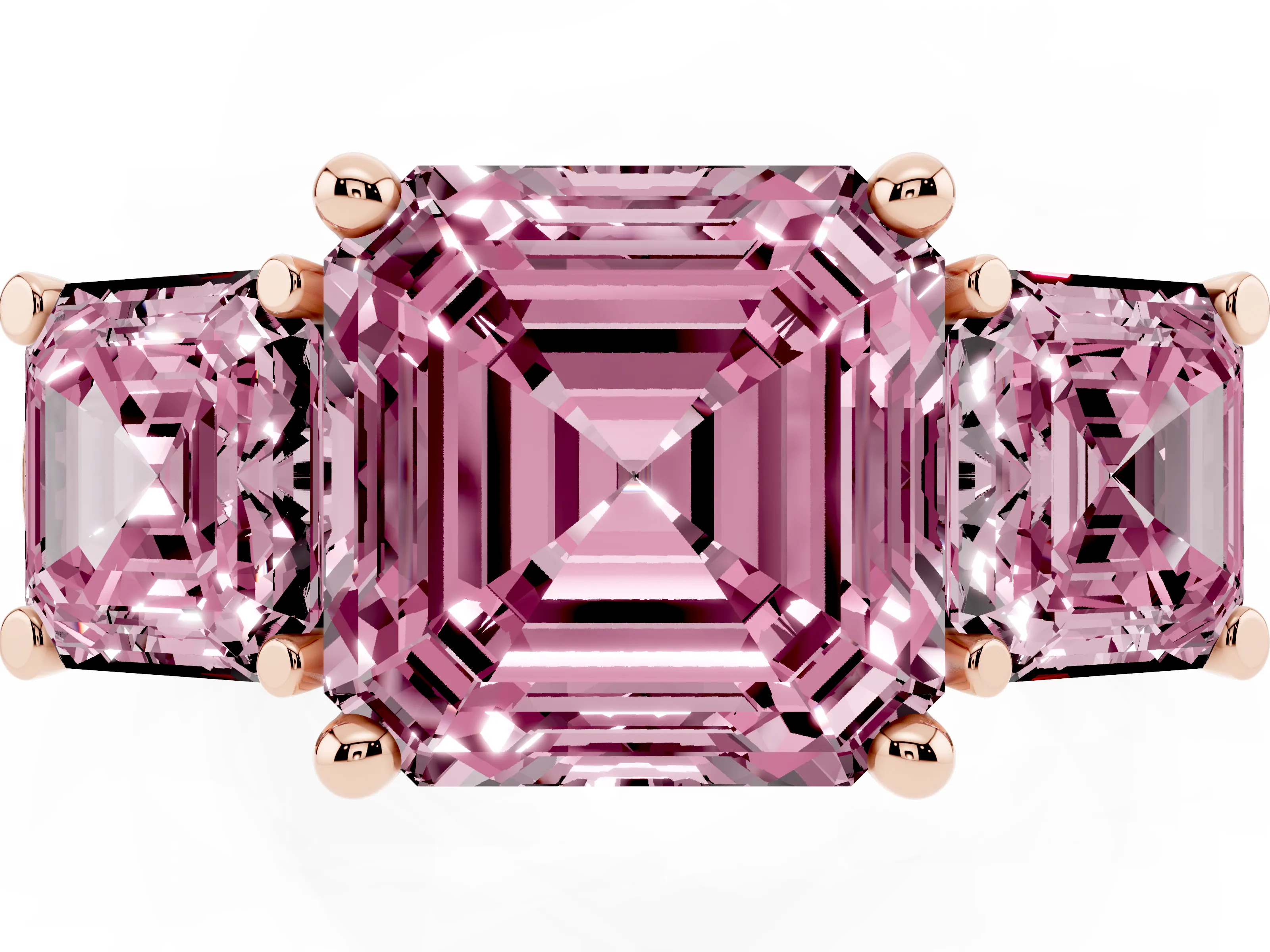 Fancy Pink Asscher Cut Diamond Three-Stone Trellis Ring Set in Rose gold with Comfort Fit Band