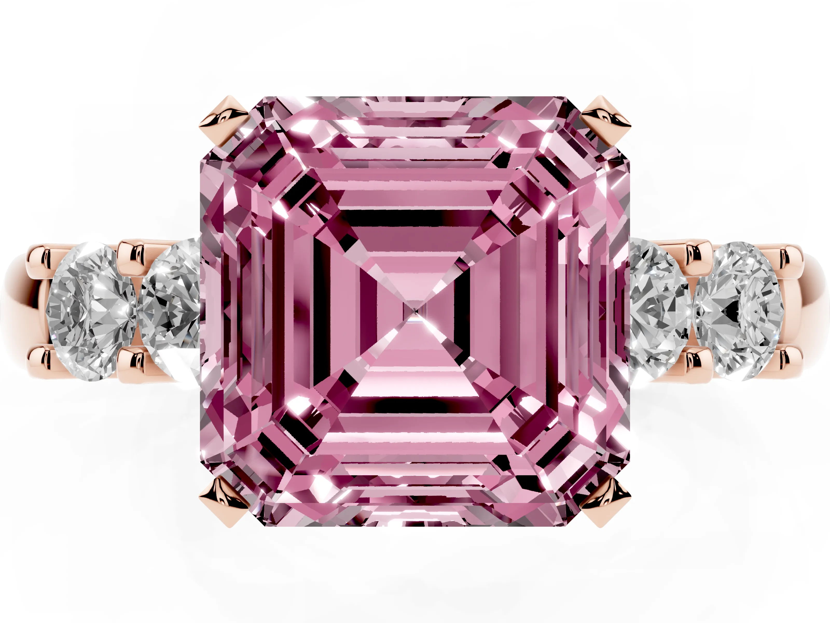 Fancy Pink Asscher Cut Diamond Five-Stone Prong Set Engagement Ring Set in Rose gold with Channel Band