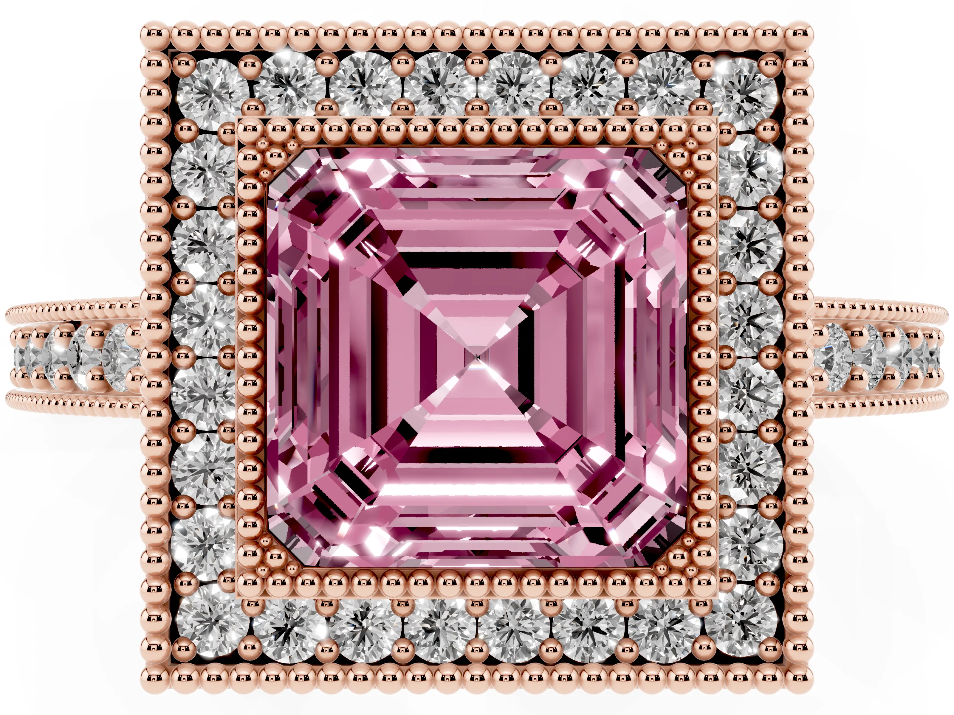 Fancy Pink Asscher Cut Diamond Halo Engagement Ring Set in Rose gold with Pavé Band and Round Halo Stones
