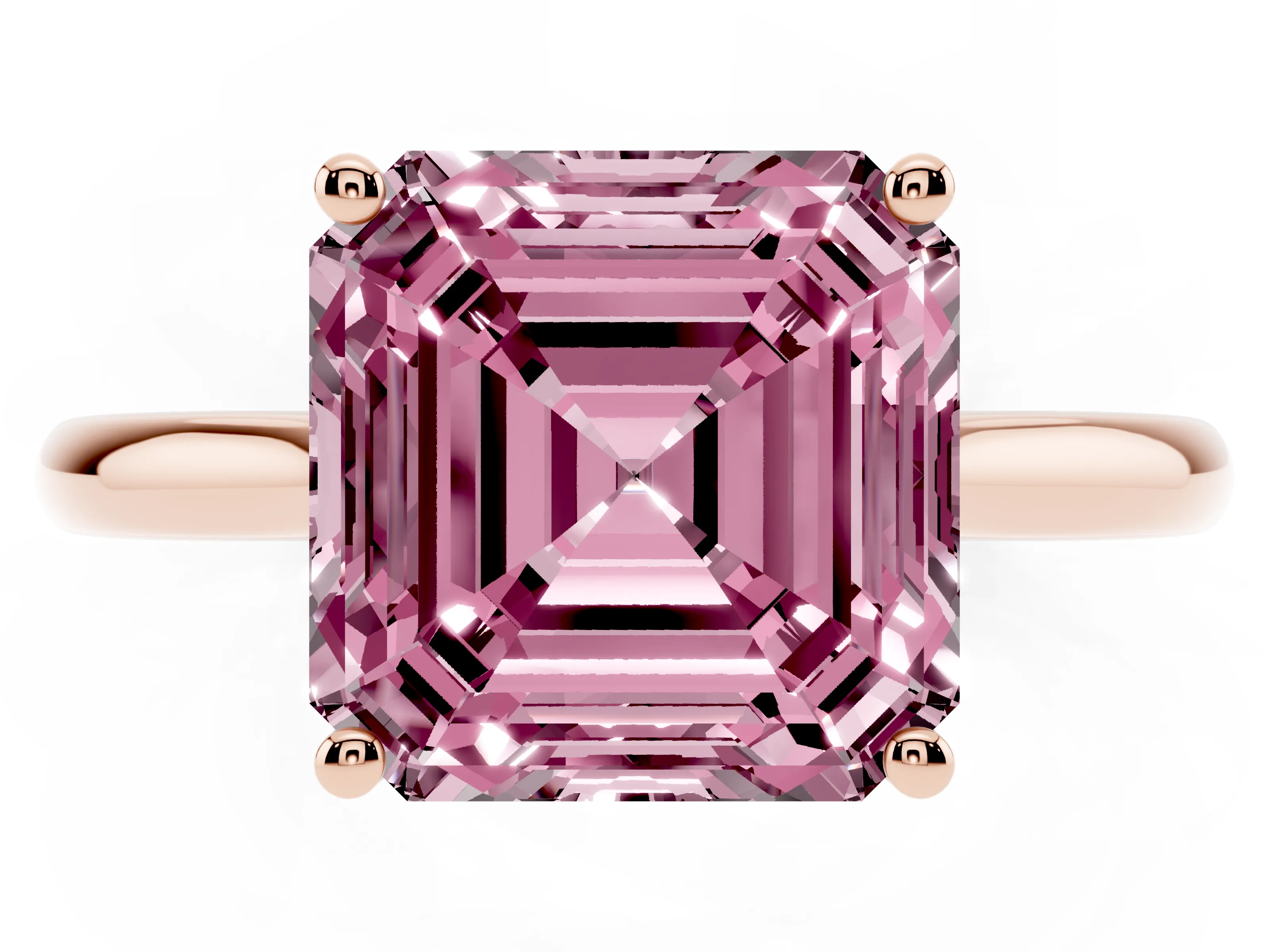 Fancy Pink Asscher Cut Diamond Solitaire Ring Set in Rose gold with Cathedral Band and Prong Setting