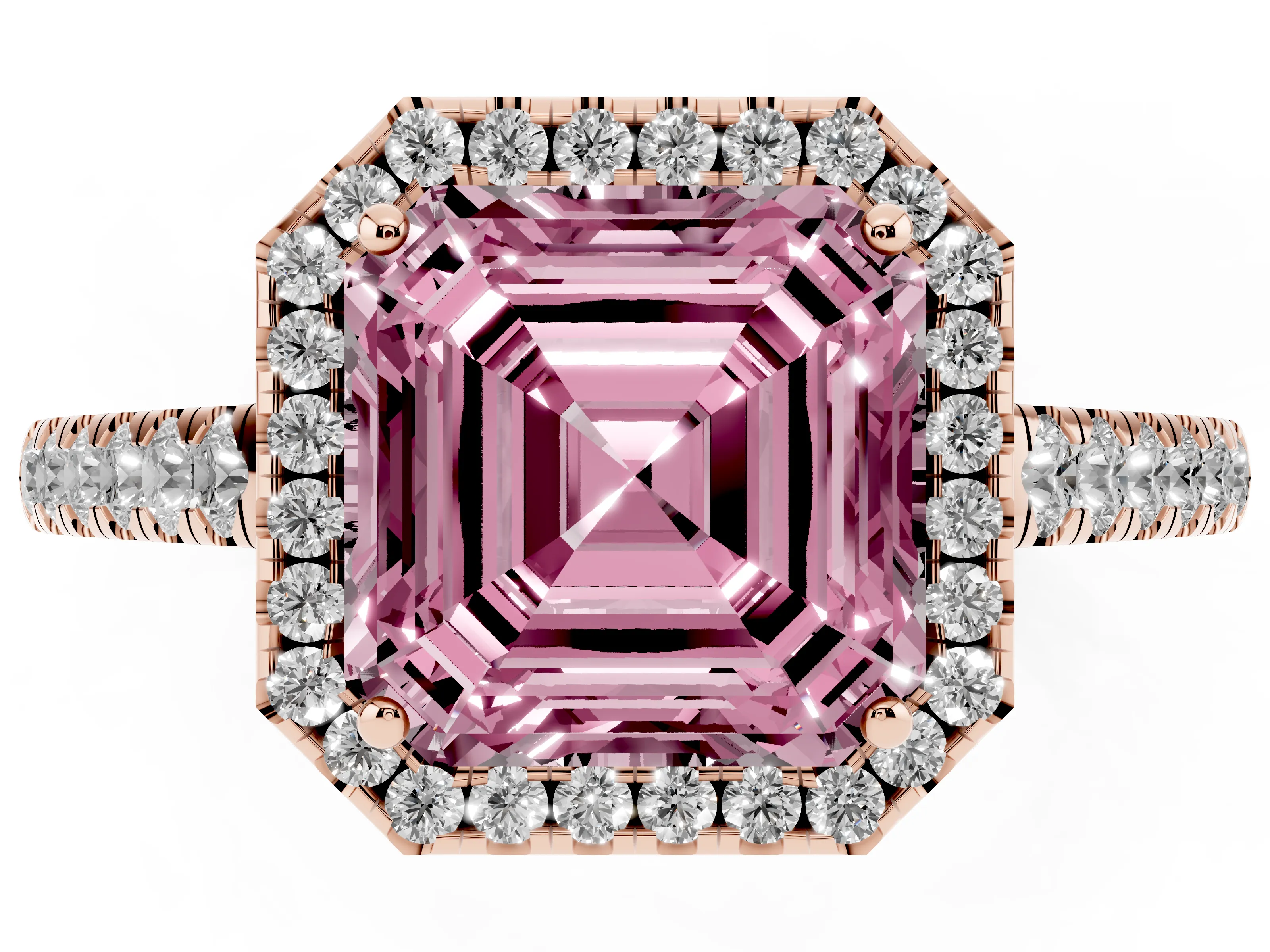 Fancy Pink Asscher Cut Diamond Halo Pavé Engagement Ring Set in Rose gold with Prong Setting