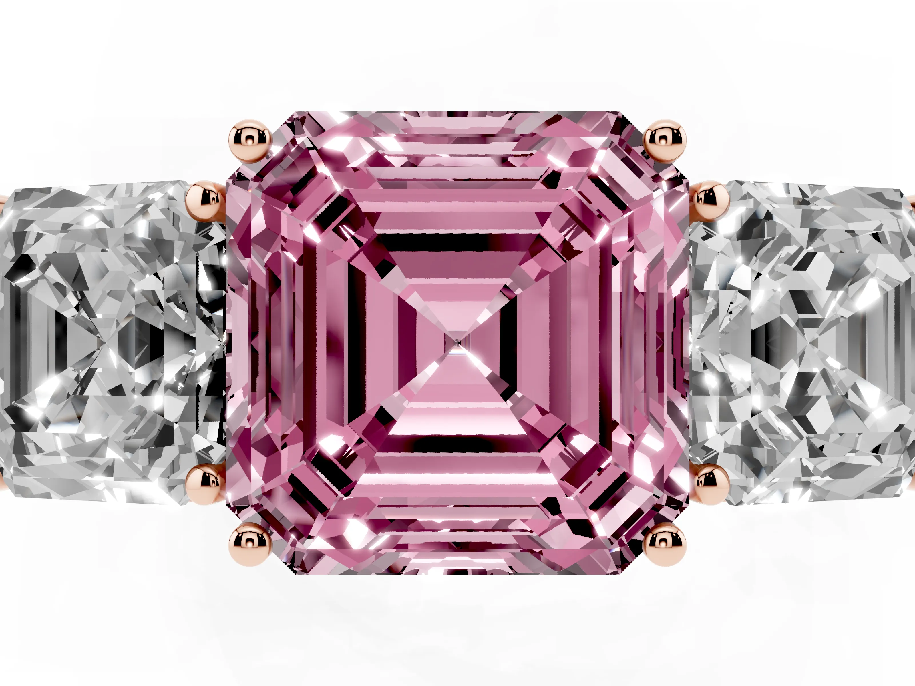 Fancy Pink Asscher Cut Diamond Three-Stone Ring Set in Rose gold with Textured Band