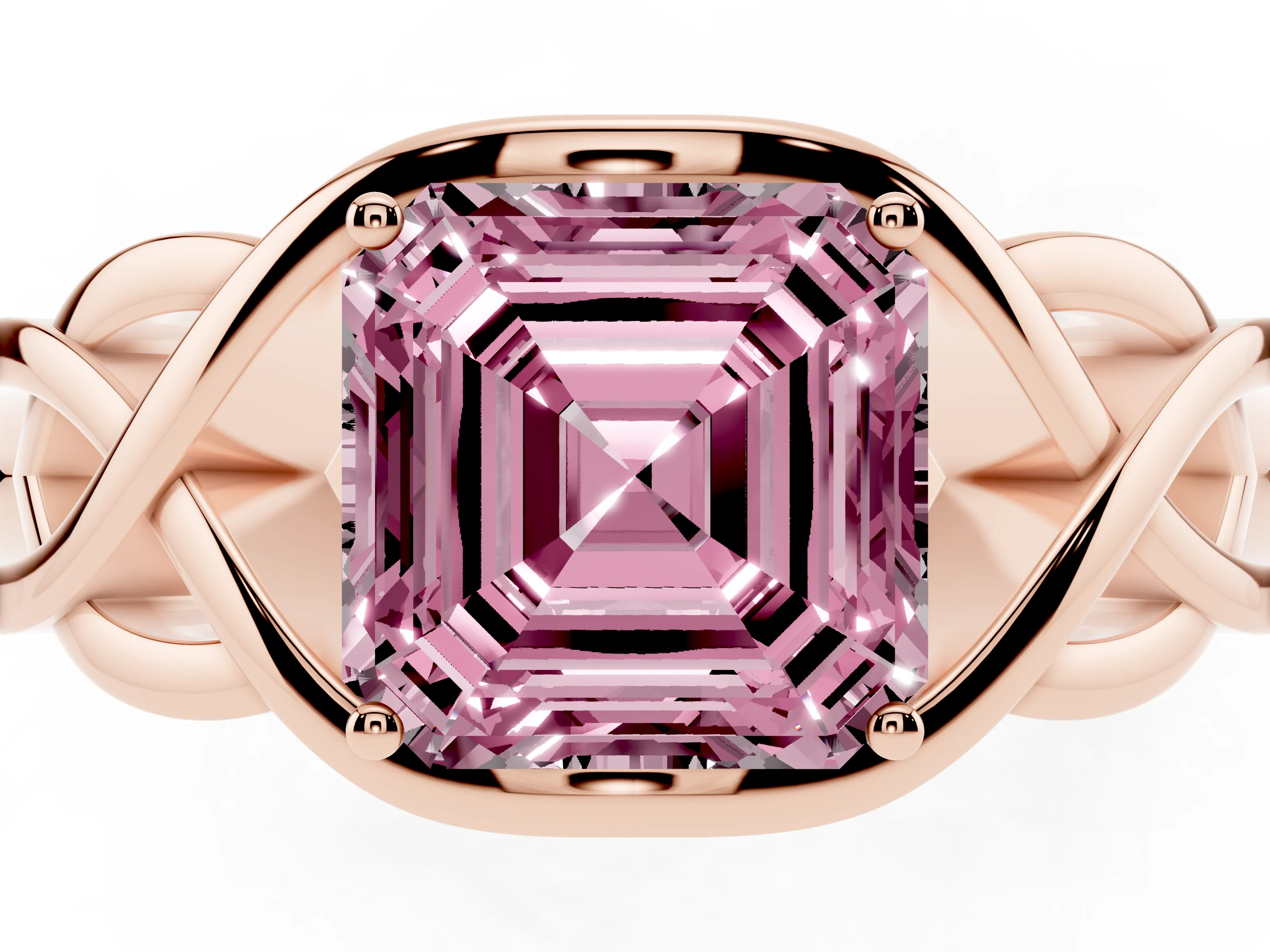 Fancy Pink Asscher Cut Diamond Solitaire Ring Set in Rose gold with Intertwined Band
