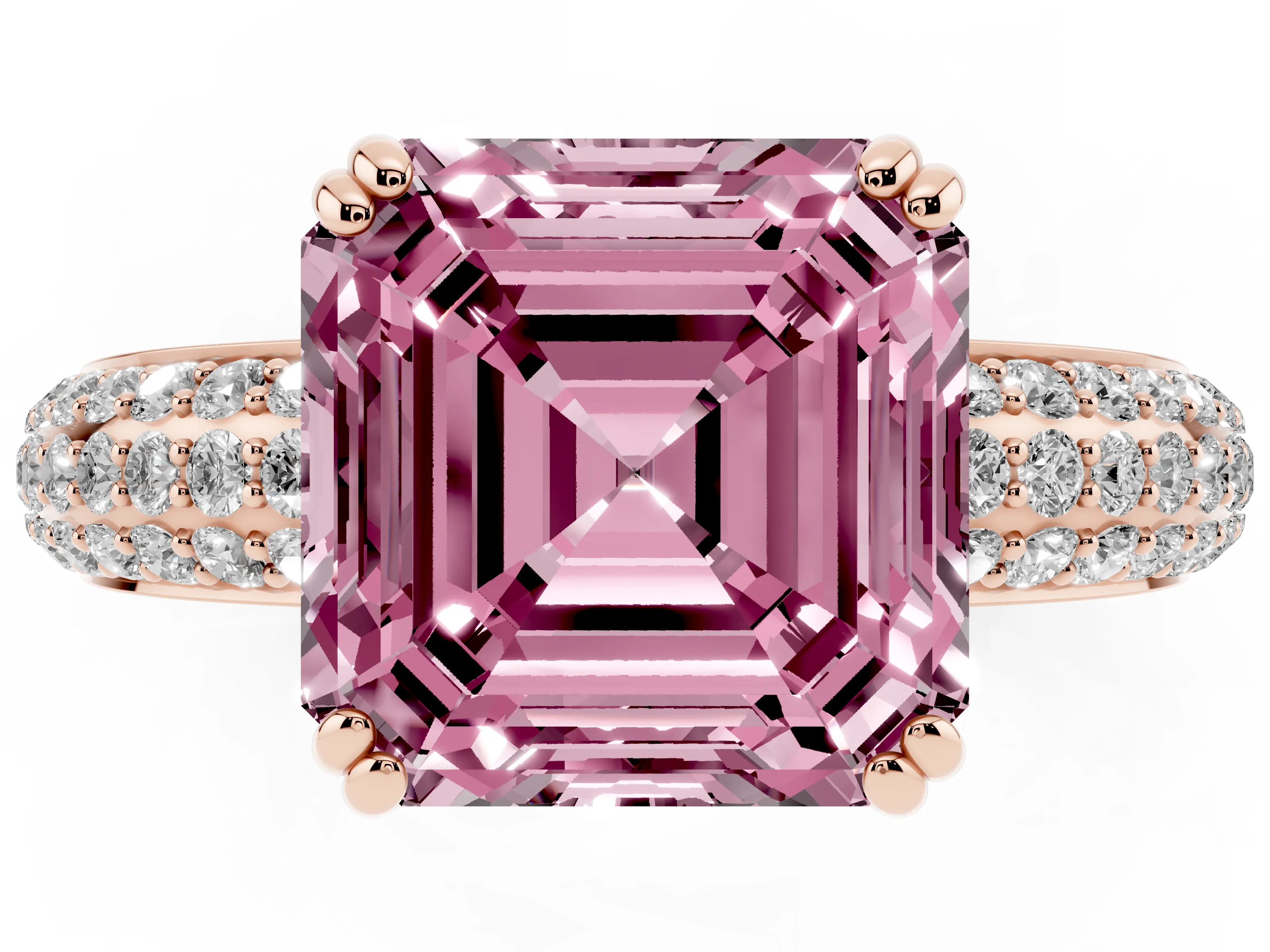 Fancy Pink Asscher Cut Diamond Solitaire Ring Set in Rose gold with Multi-Row Round Pavé Band and Prong Setting