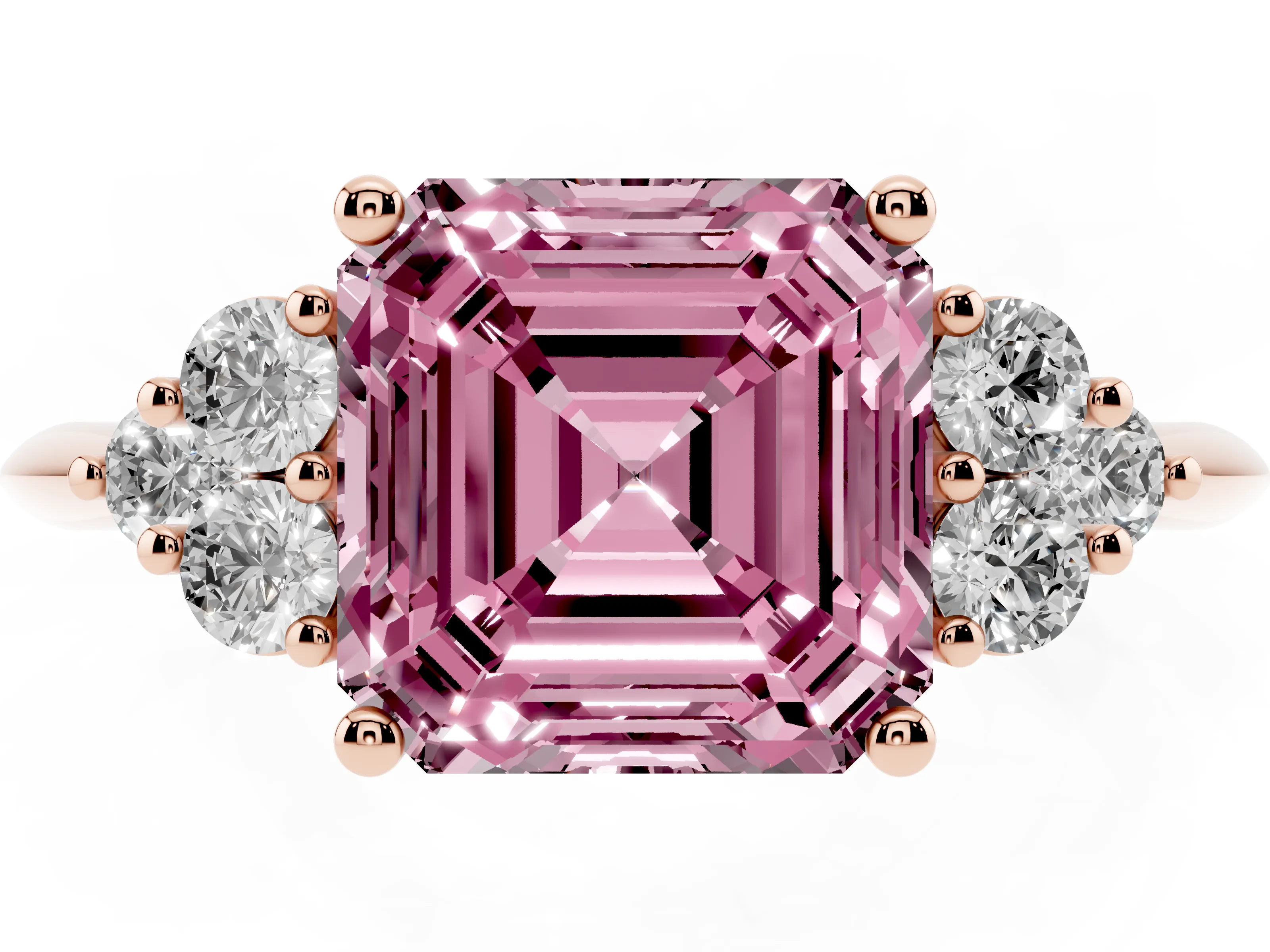 Fancy Pink Asscher Cut Diamond Cluster Ring Set in Rose gold with Plain Band and Prong Setting
