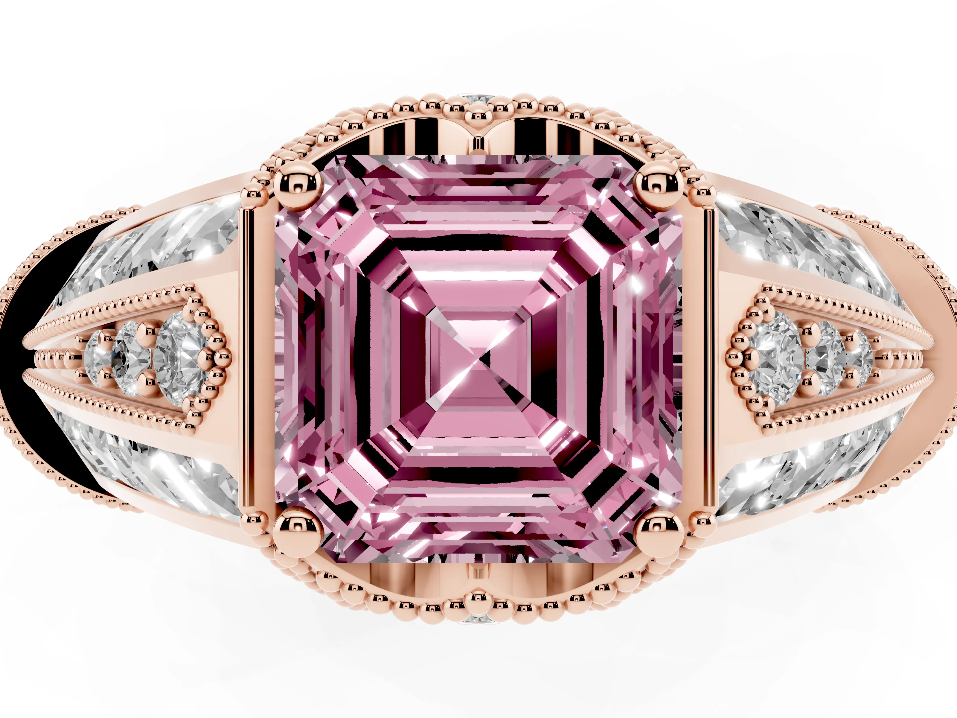 Fancy Pink Asscher Cut Diamond Vintage-Inspired Milgrain Ring Set in Rose gold with Accent Split Shank