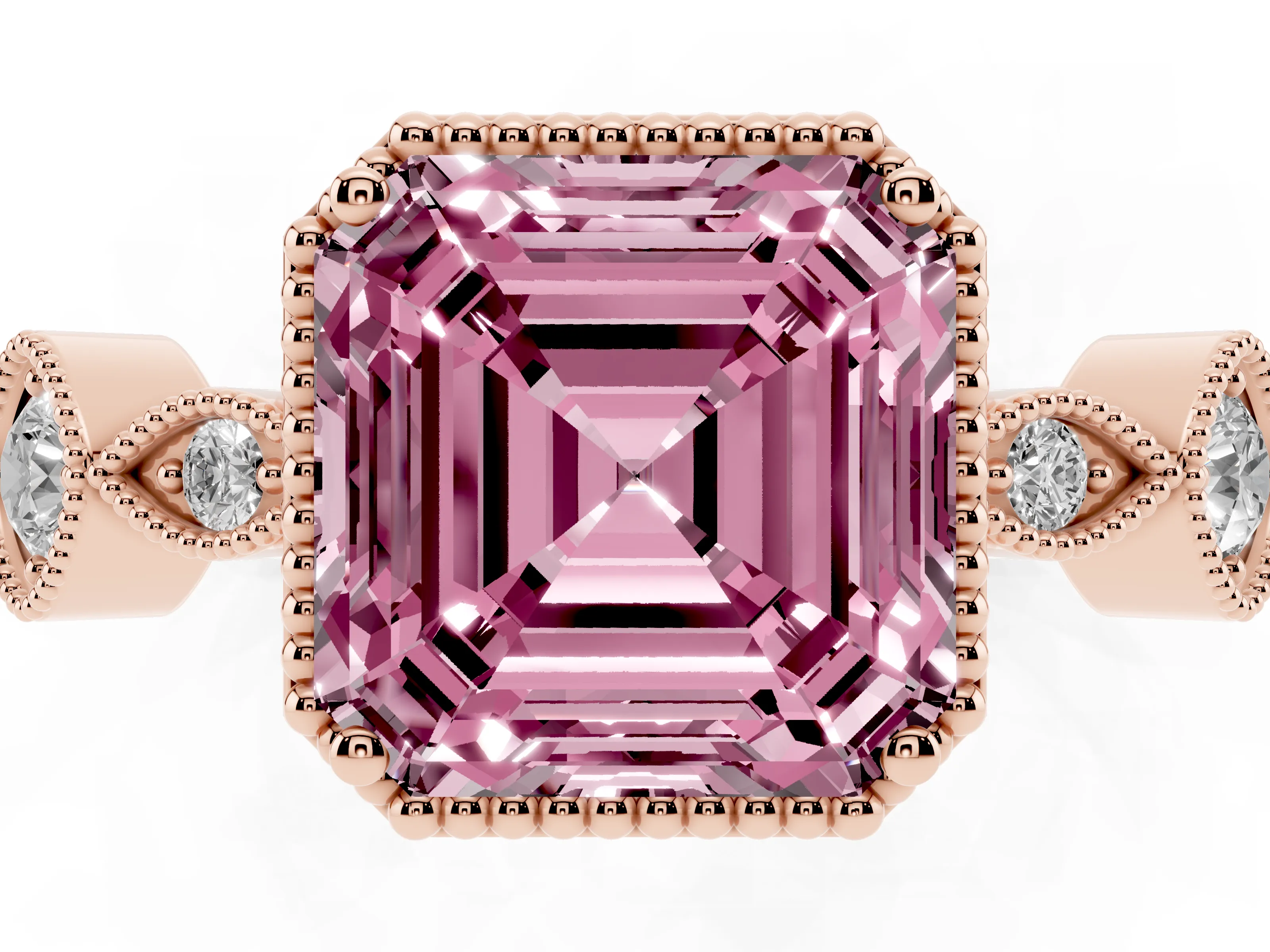Fancy Pink Asscher Cut Diamond Vintage-Inspired Milgrain Ring Set in Rose gold with Marquise Stations of Round Accents
