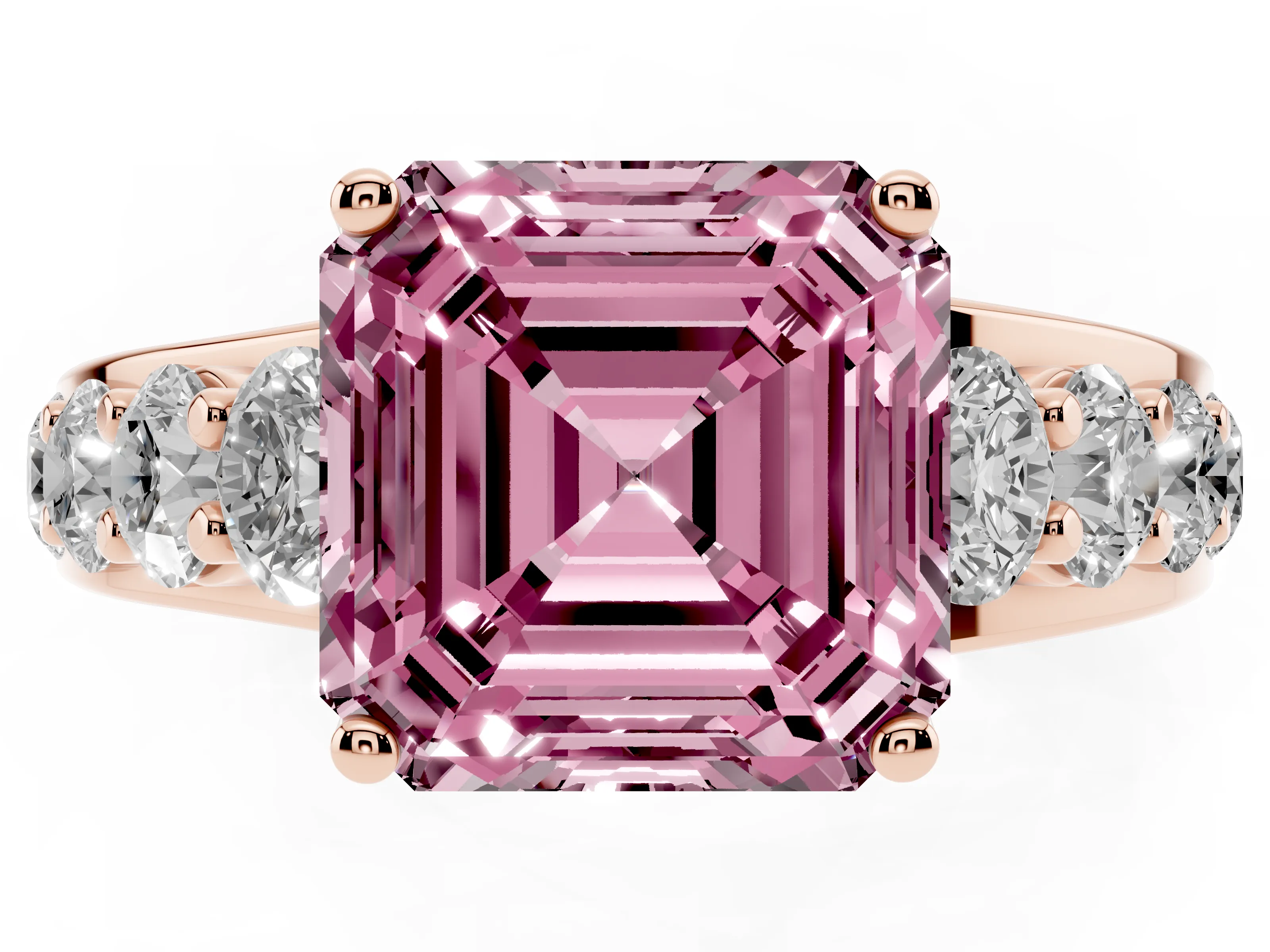 Fancy Pink Asscher Cut Diamond Pavé Engagement Ring Set in Rose gold with Prong Setting