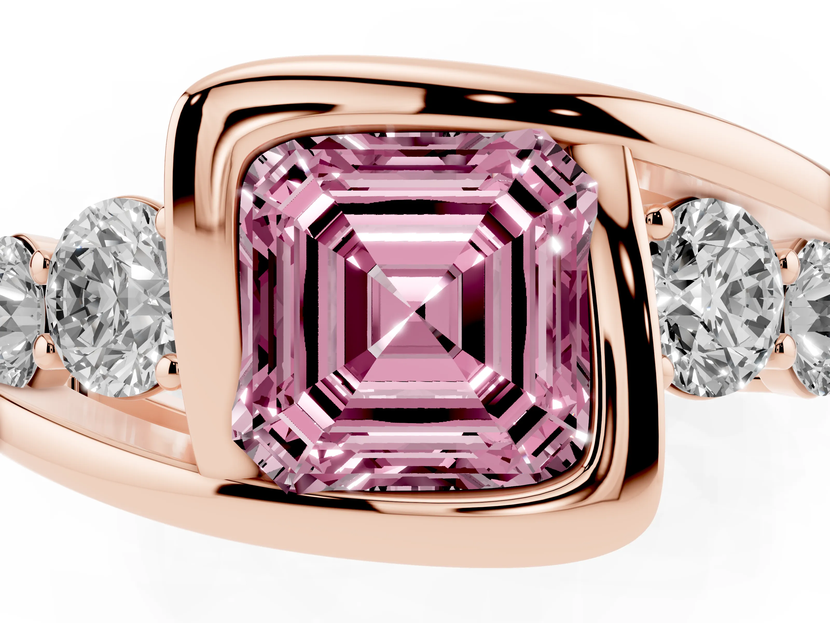 Fancy Pink Asscher Cut Diamond Bezel Bypass Ring Set in Rose gold with Round Accents
