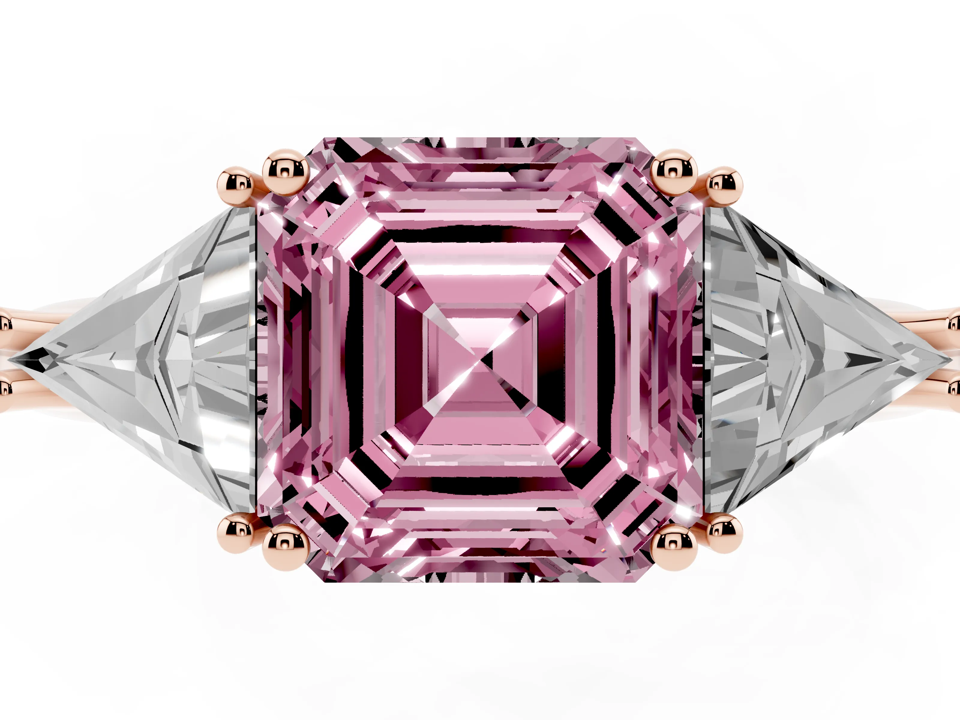 Fancy Pink Asscher Cut Diamond Three-Stone Engagement Ring Set in Rose gold with Trillion Side Stones