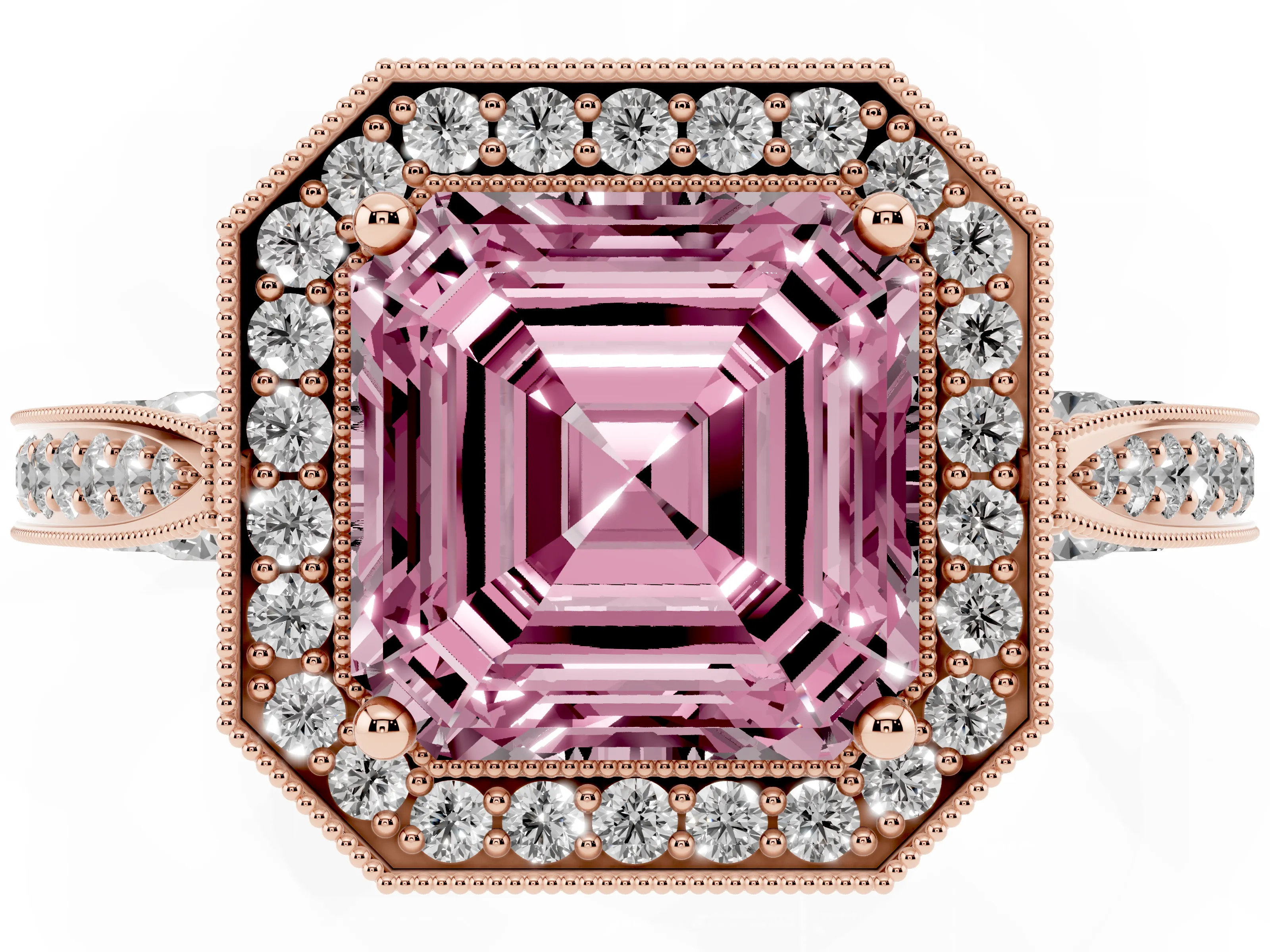 Fancy Pink Asscher Cut Diamond Halo Engagement Ring Set in Rose gold with Accent Split Shank Band