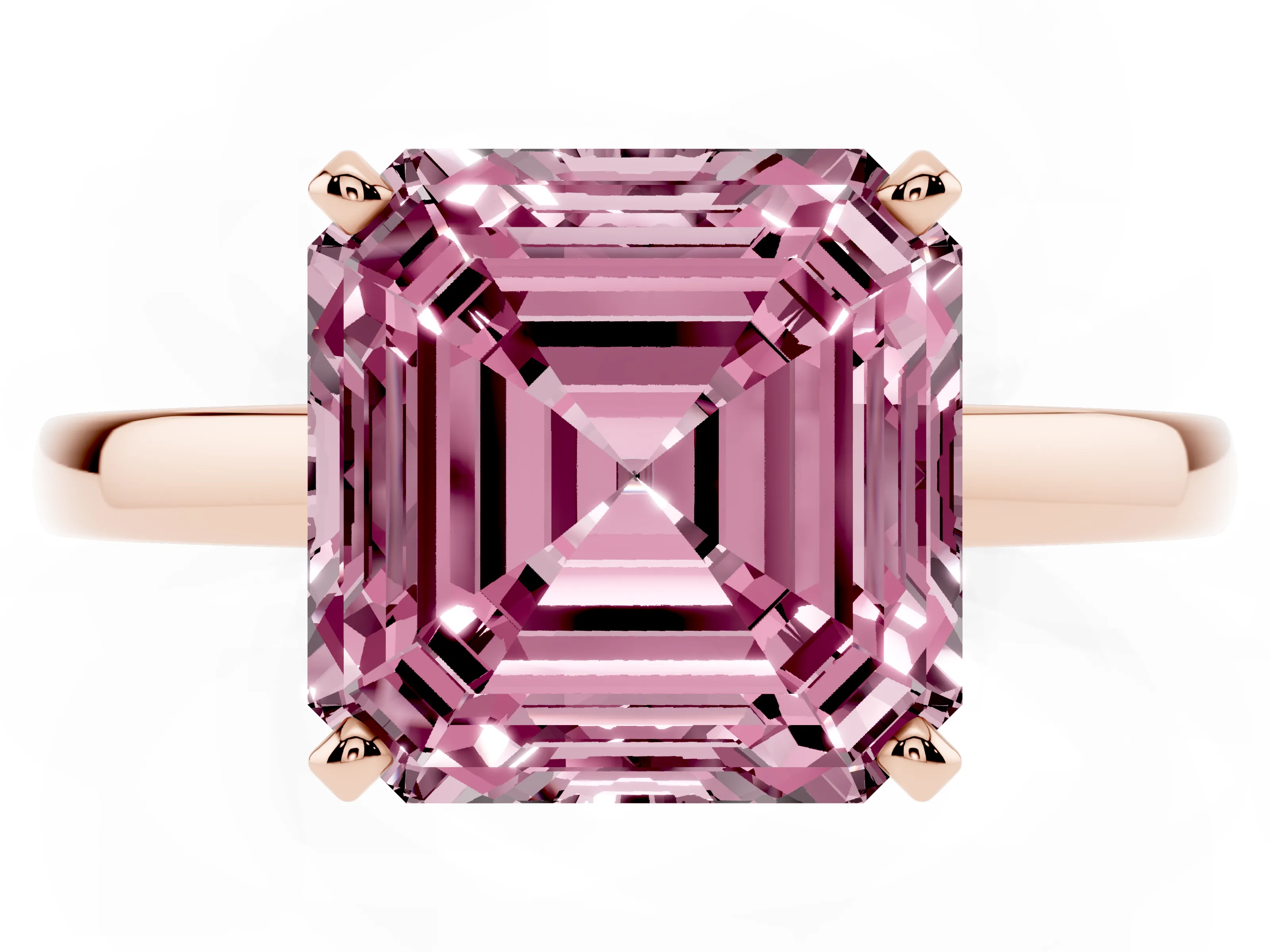 Fancy Pink Asscher Cut Diamond Solitaire Engagement Ring Set in Rose gold with Prong Setting on a Classic Band