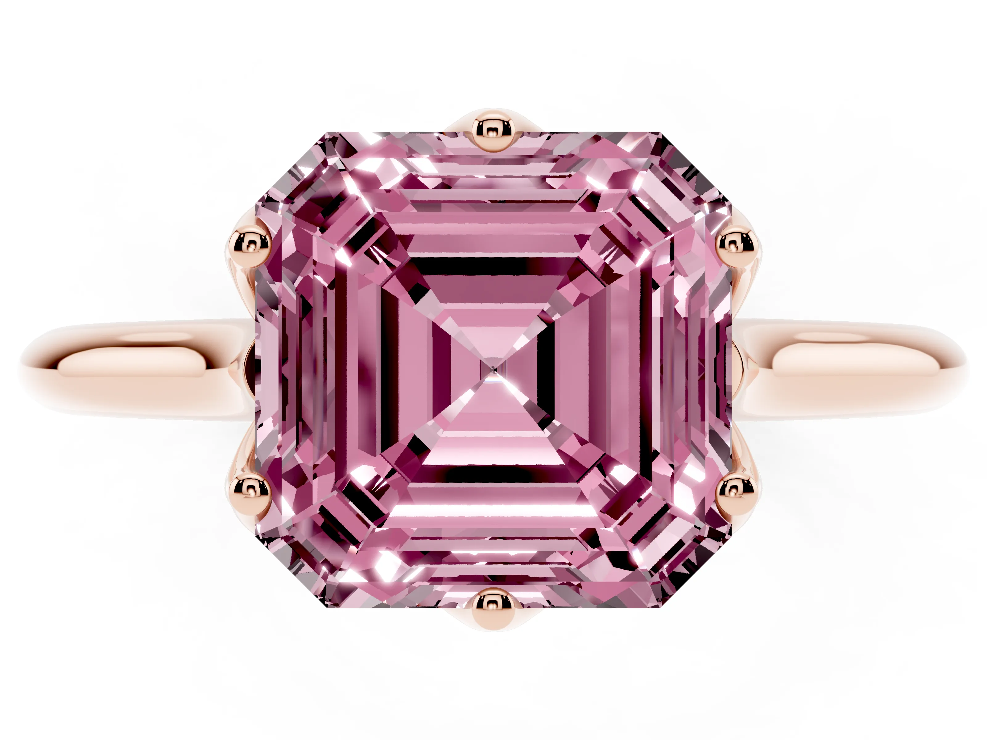 Fancy Pink Asscher Cut Diamond Solitaire Cathedral Ring Set in Rose gold with Prong Setting