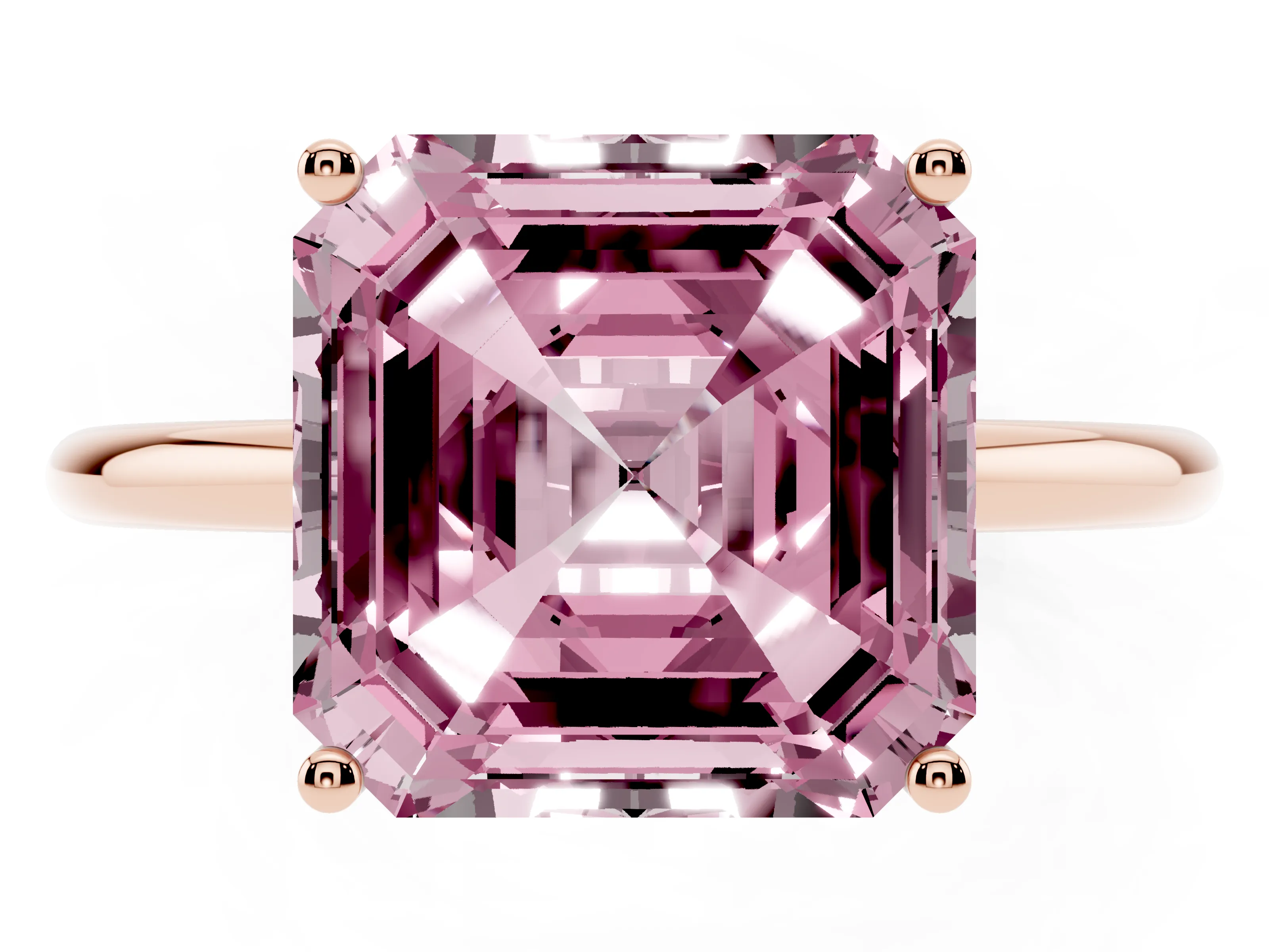 Fancy Pink Asscher Cut Diamond Solitaire Engagement Ring Set in Rose gold with Thin Band and Prong Setting