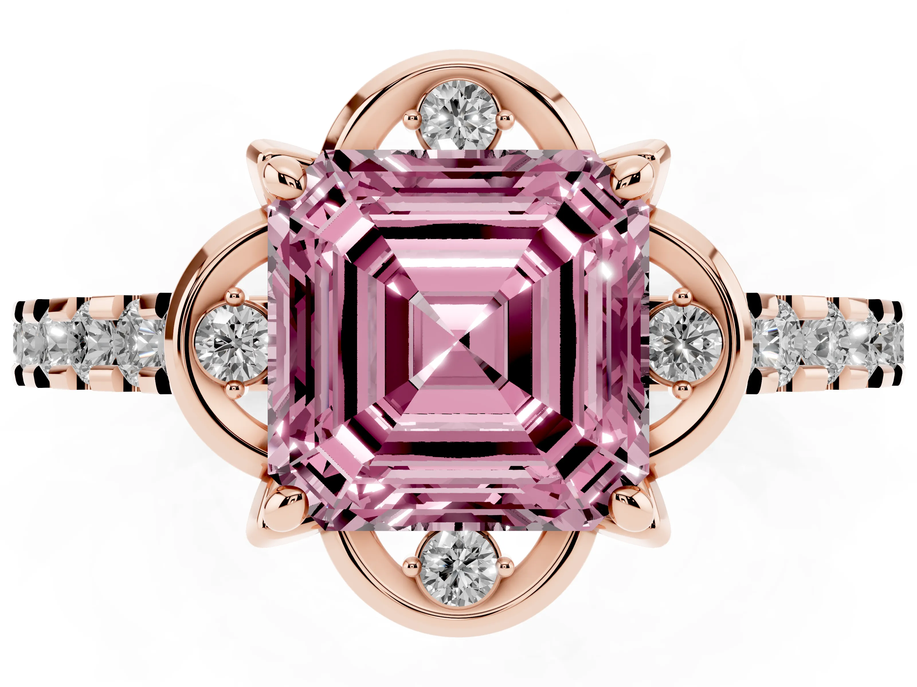 Fancy Pink Asscher Cut Diamond Solitaire Ring Set in Rose gold with Pavé Band and Floral Prong Setting