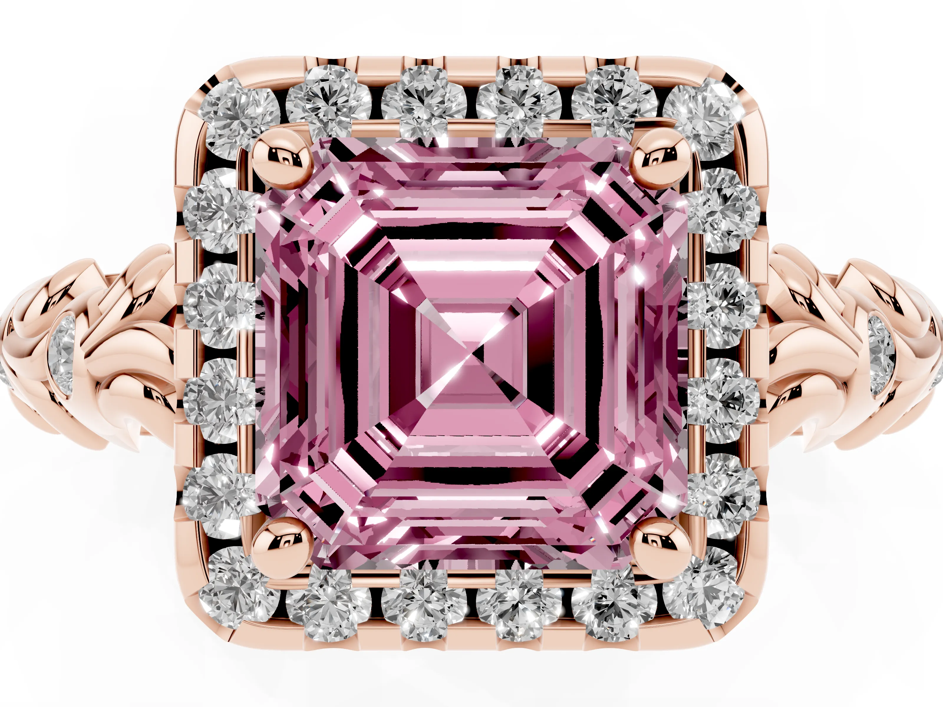 Fancy Pink Asscher Cut Diamond Halo Ring Set in Rose gold with Filigree Leaf Band and Prong Setting