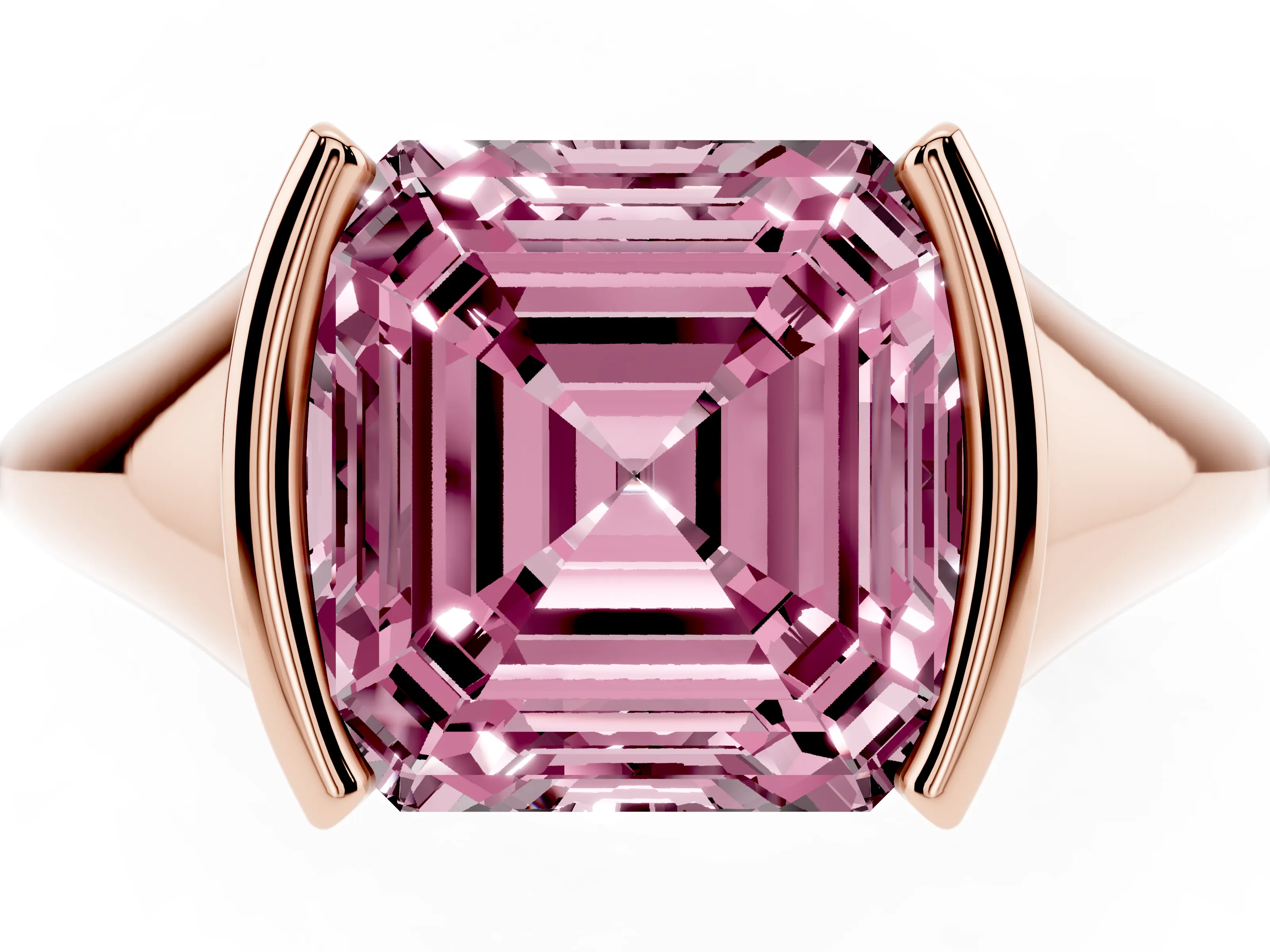 Fancy Pink Asscher Cut Diamond Solitaire Tension Set Ring Set in Rose gold