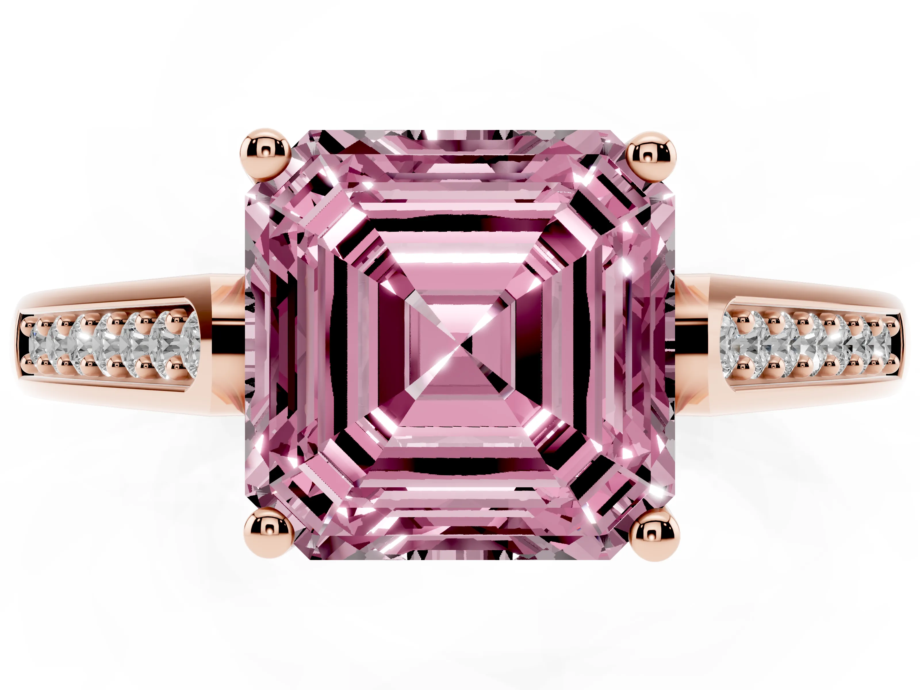 Fancy Pink Asscher Cut Diamond Solitaire Cathedral Engagement Ring Set in Rose gold with Channel-Set Band and Prong Setting
