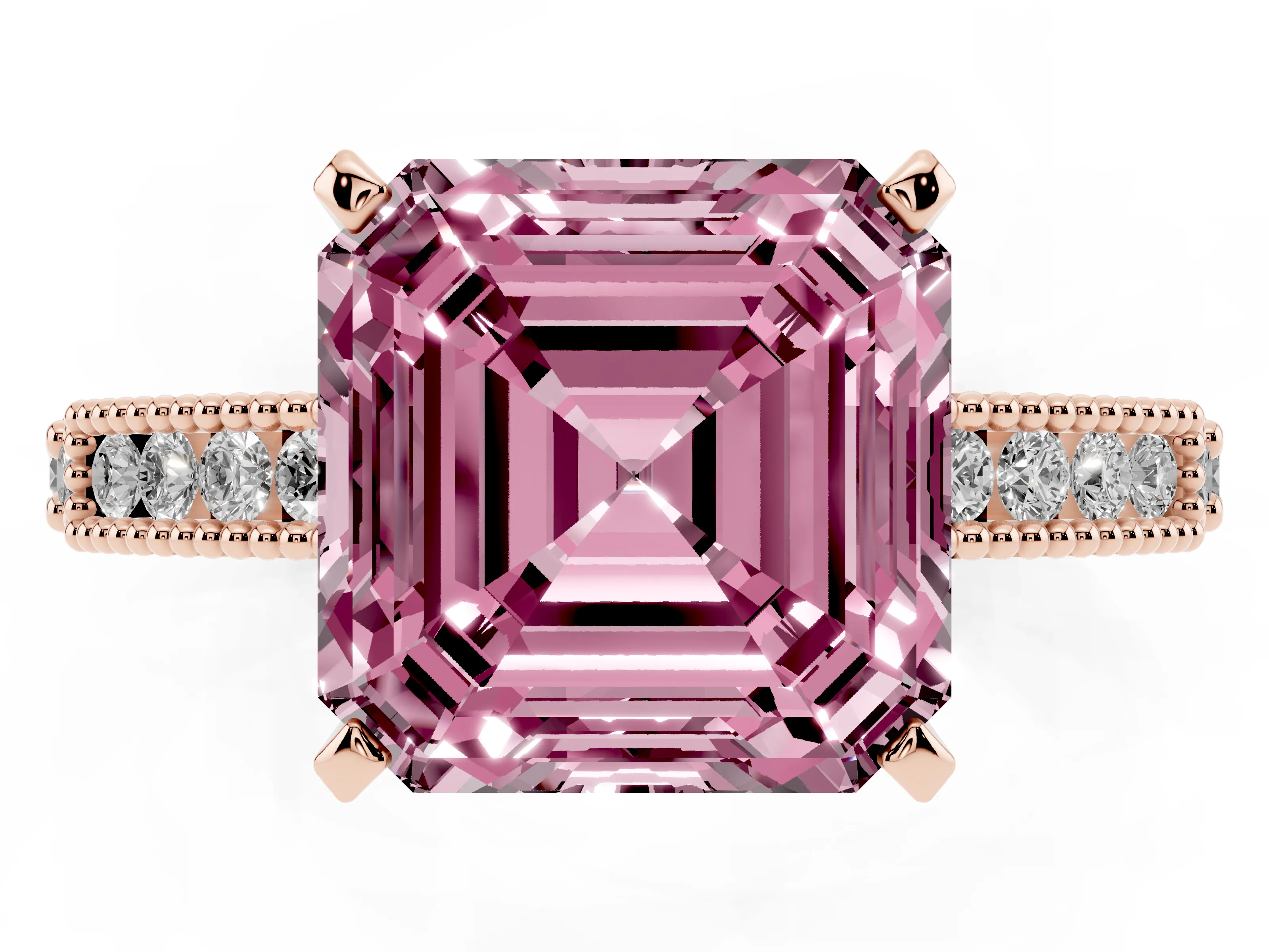 Fancy Pink Asscher Cut Diamond Solitaire Ring Set in Rose gold with Slim Pavé Band and Prong Setting