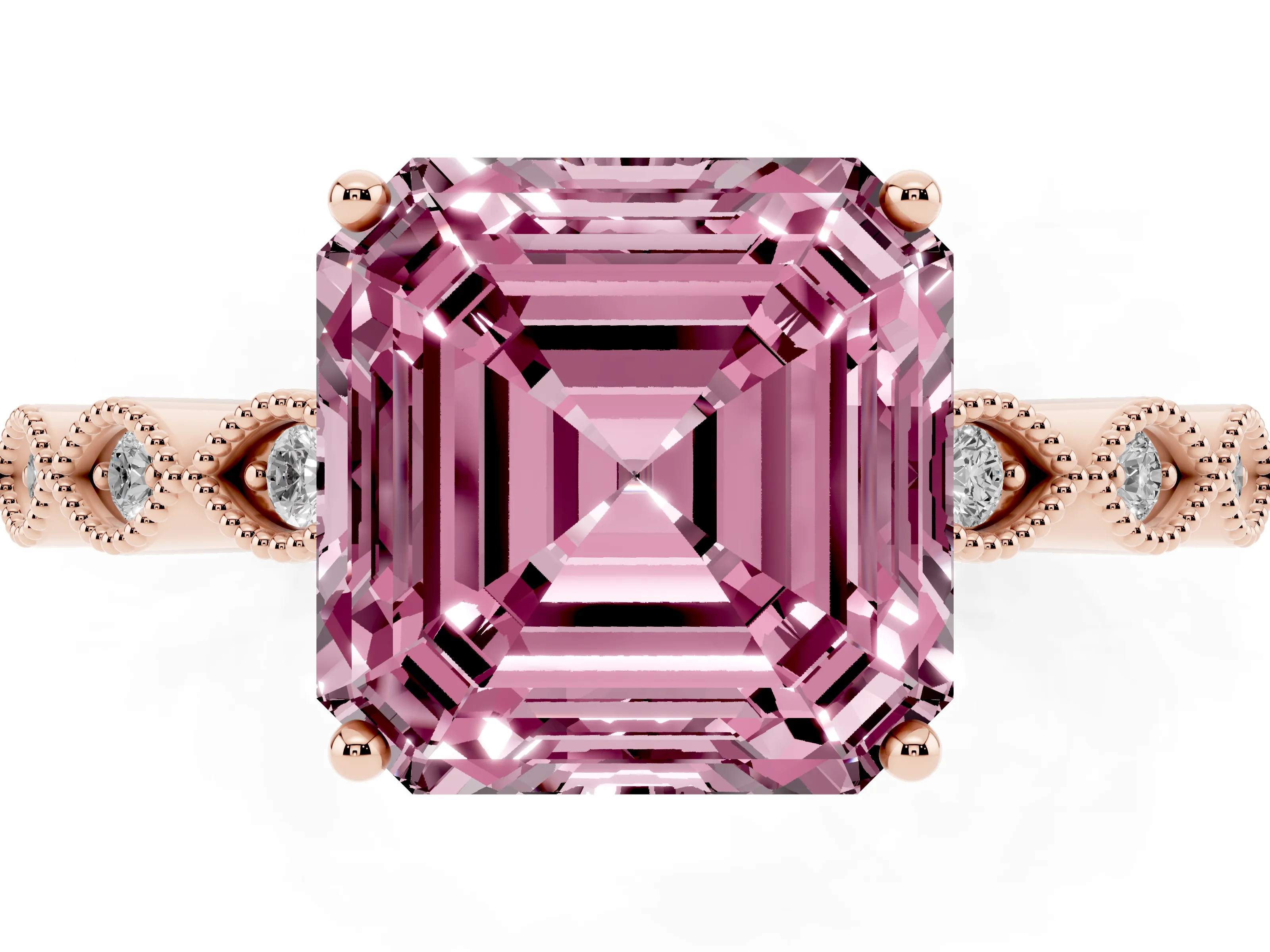 Fancy Pink Asscher Cut Diamond Solitaire Ring Set in Rose gold with Infinity Twist Pavé Band