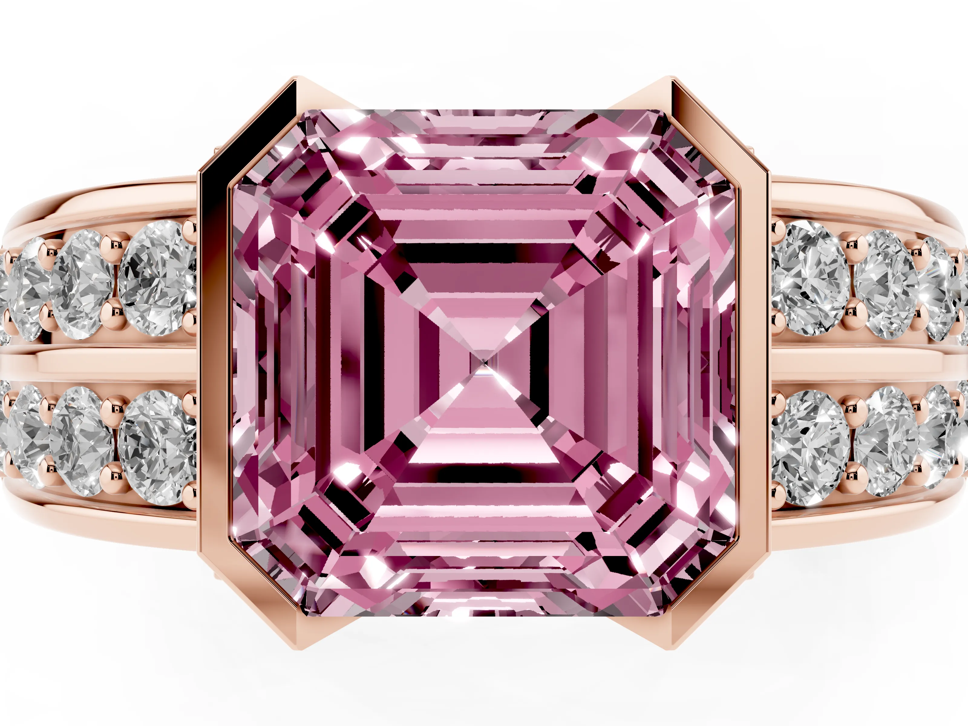 Fancy Pink Asscher Cut Diamond Wide Channel Set Band Ring Set in Rose gold with Bezel Setting