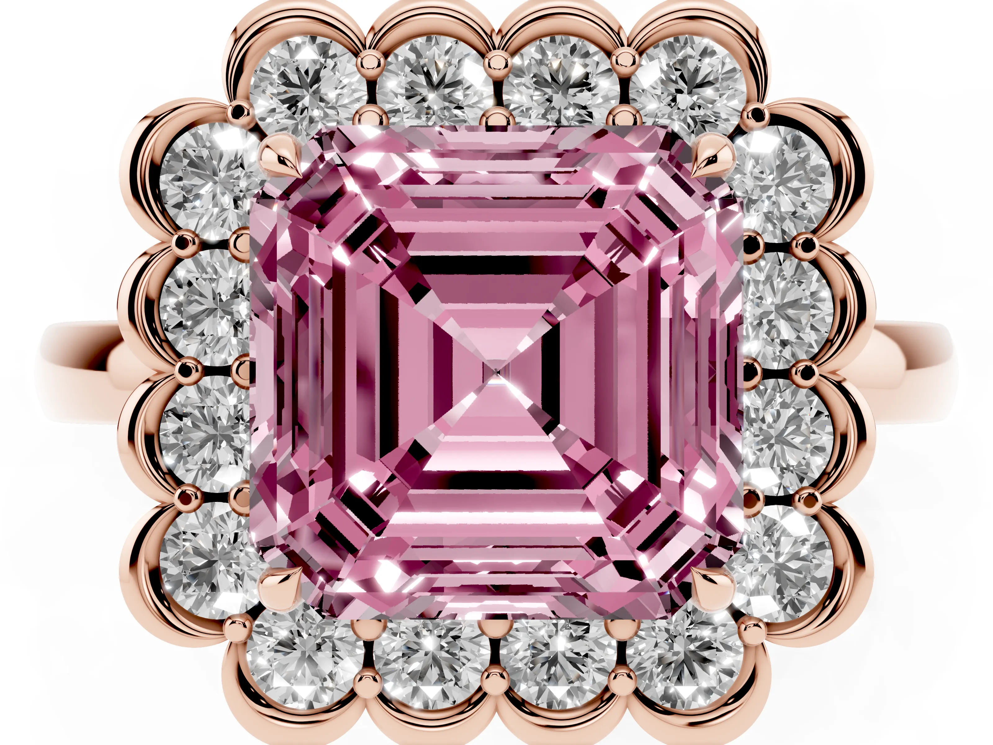 Fancy Pink Asscher Cut Diamond Halo Cluster Engagement Ring Set in Rose gold with Solitaire Band and Prong Setting