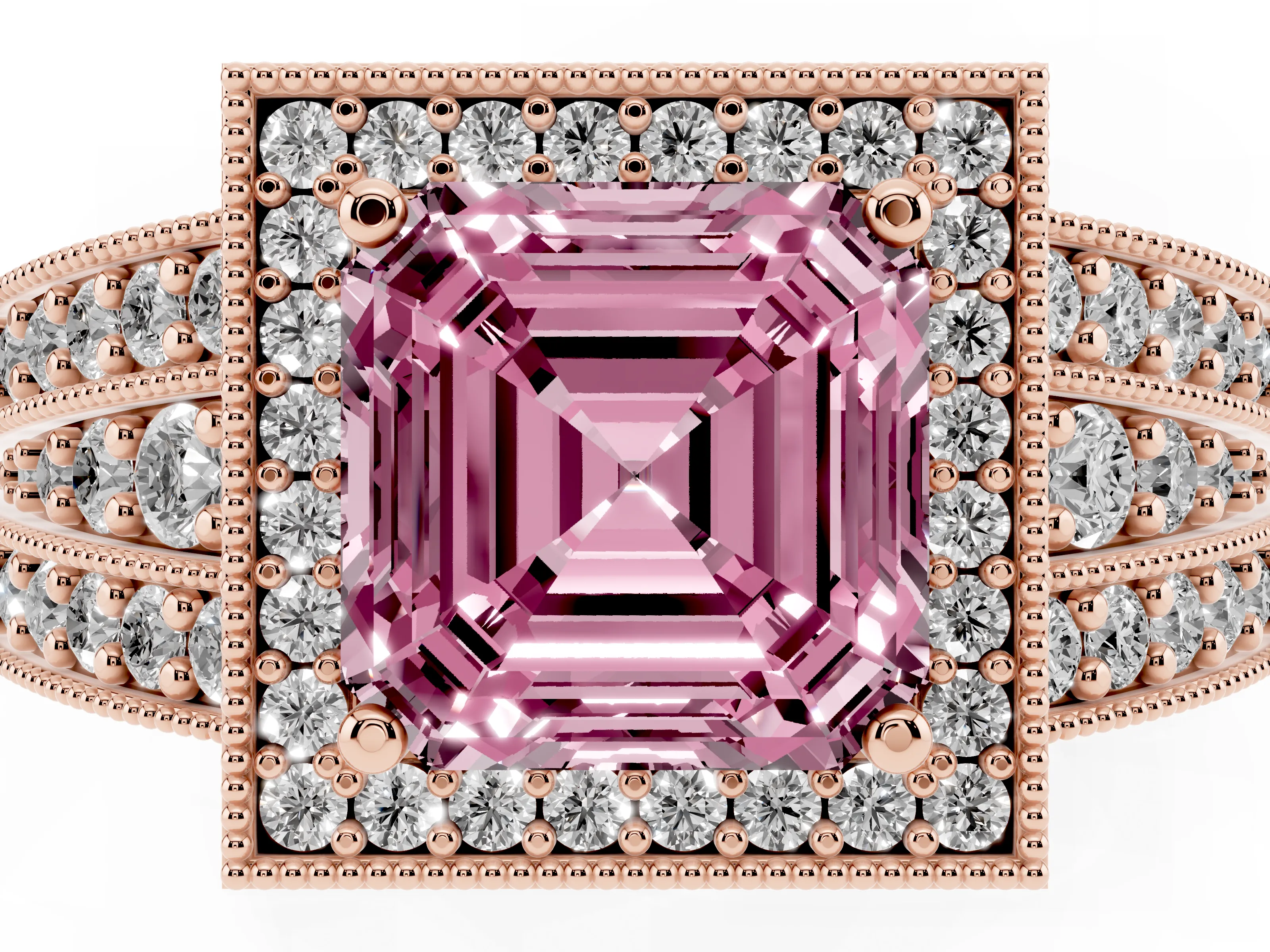 Fancy Pink Asscher Cut Diamond Halo Ring Set in Rose gold with Accent Split Shank and Prong Setting