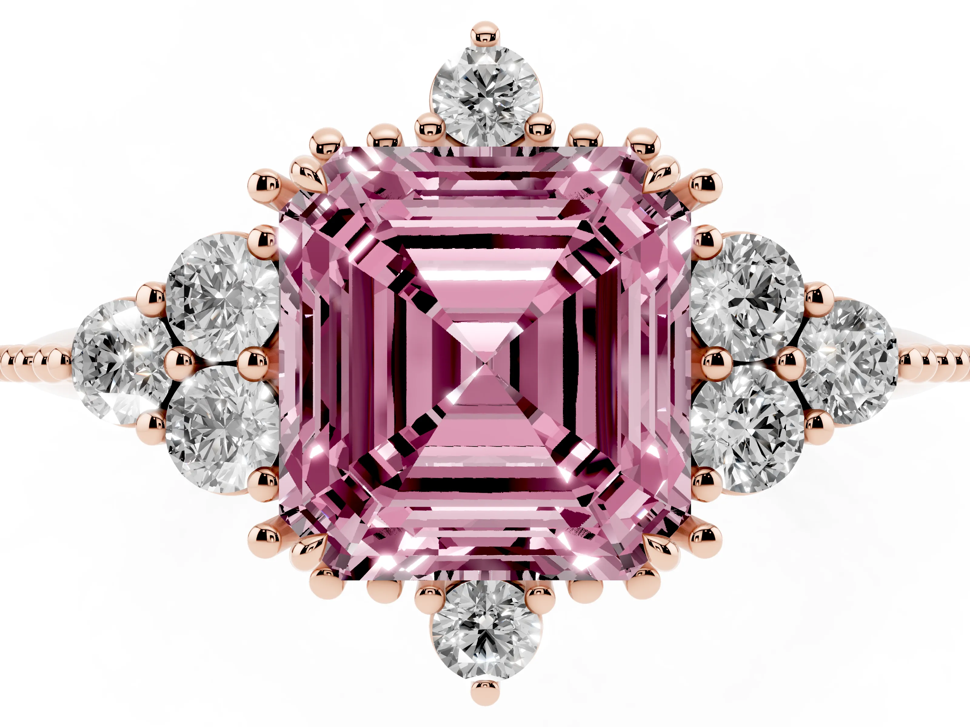 Fancy Pink Asscher Cut Diamond Cluster Ring Set in Rose gold with Beaded Band