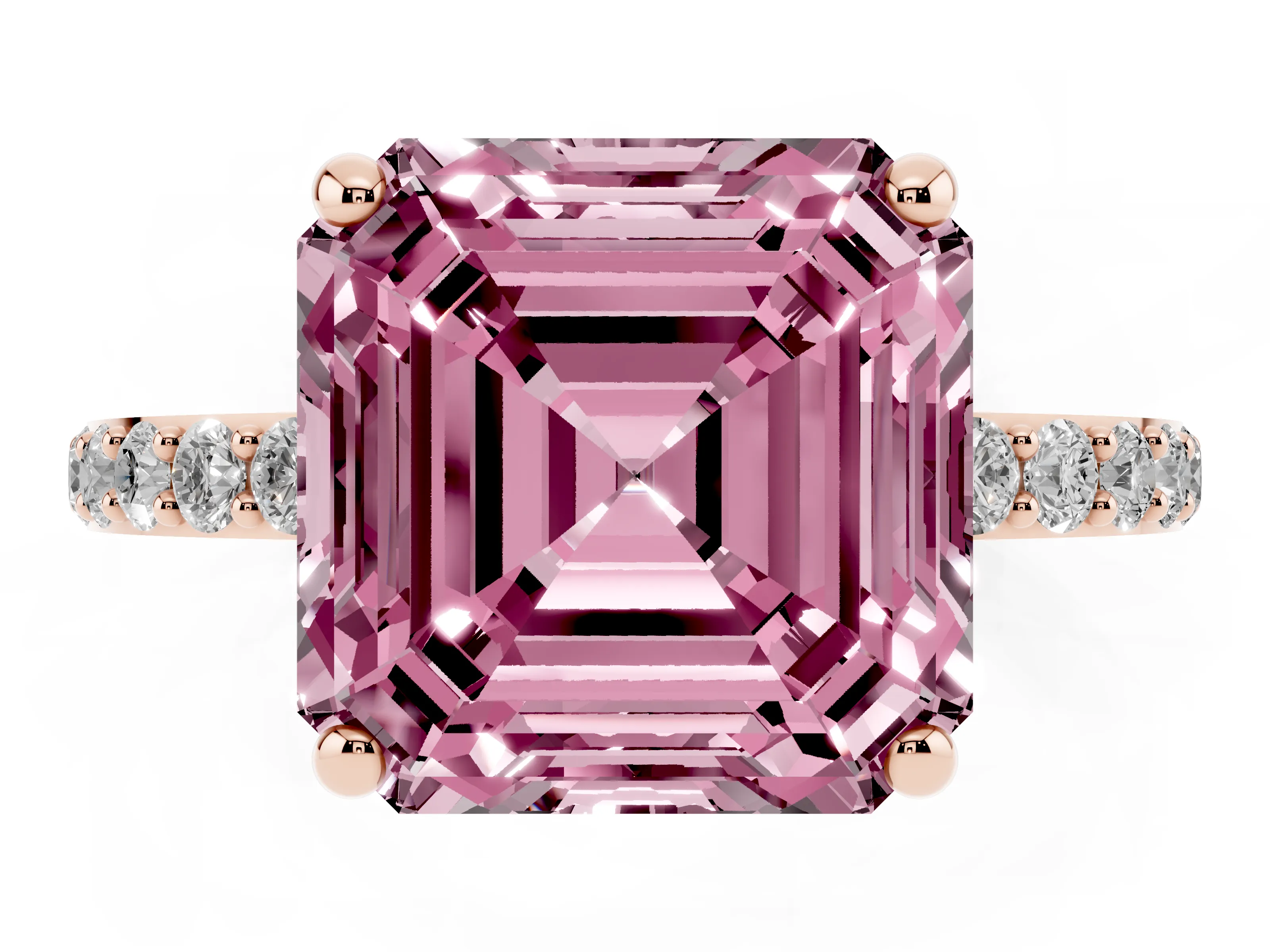 Fancy Pink Asscher Cut Diamond Solitaire Ring Set in Rose gold with Round Pavé Band and Prong Setting