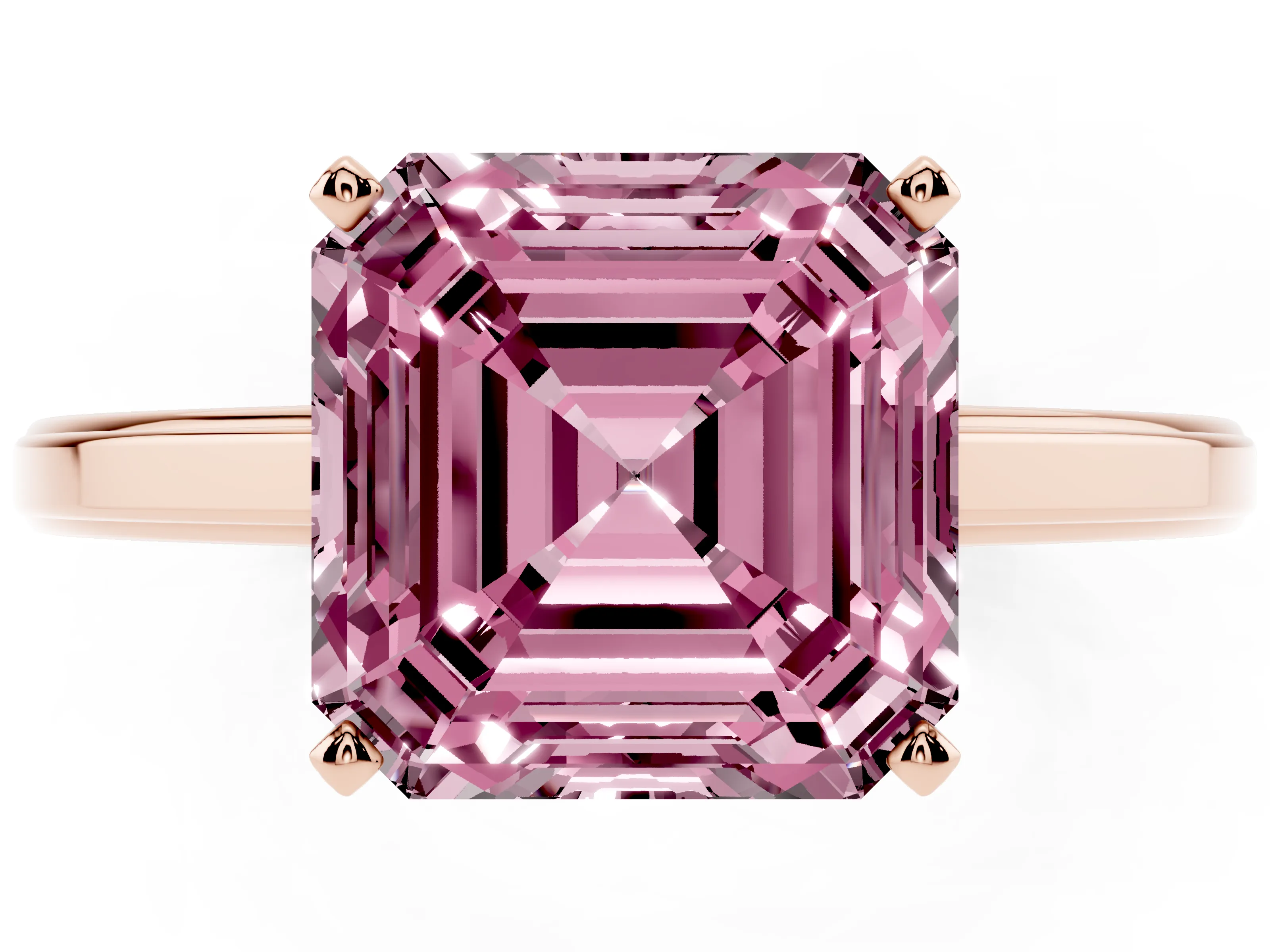 Fancy Pink Asscher Cut Diamond Solitaire Ring Set in Rose gold with Prong Setting and Classic Band