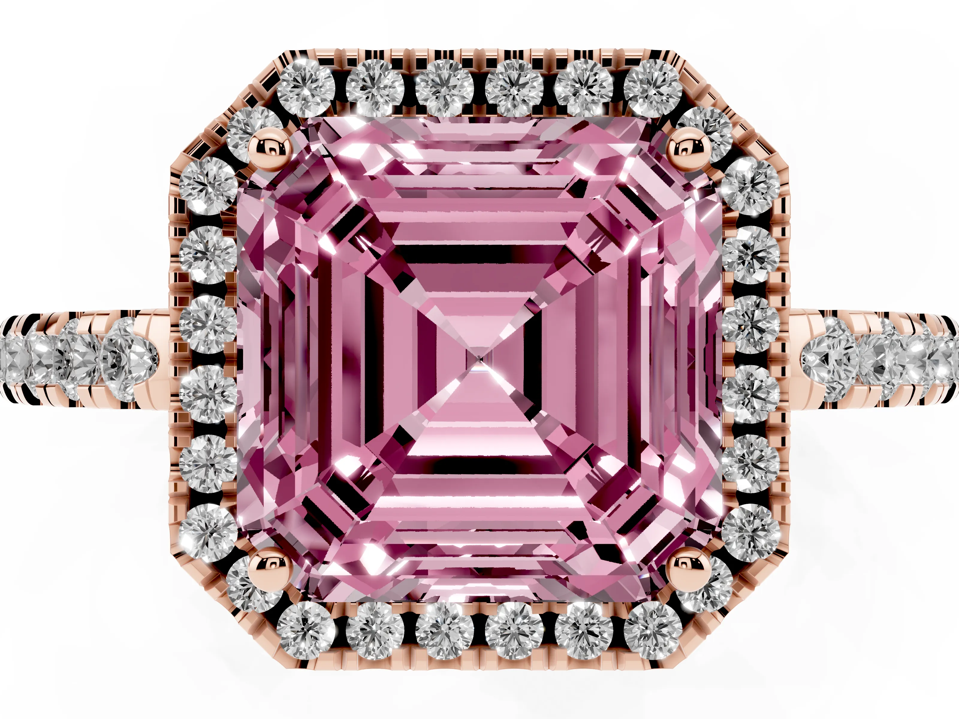 Fancy Pink Asscher Cut Diamond Pavé Band Halo Engagement Ring Set in Rose gold with Prong Setting