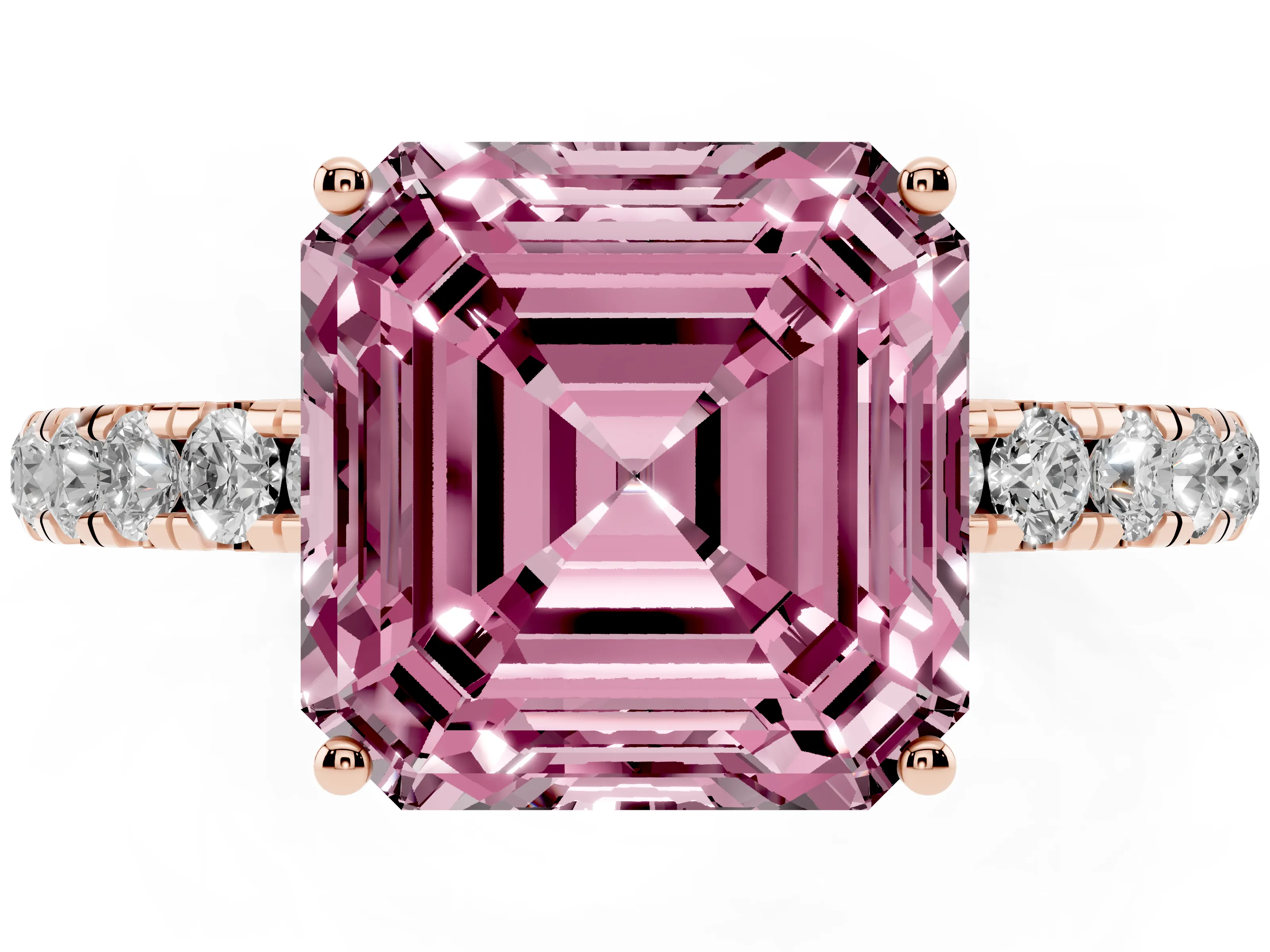 Fancy Pink Asscher Cut Diamond Pavé Solitaire Engagement Ring Set in Rose gold with Prong Setting