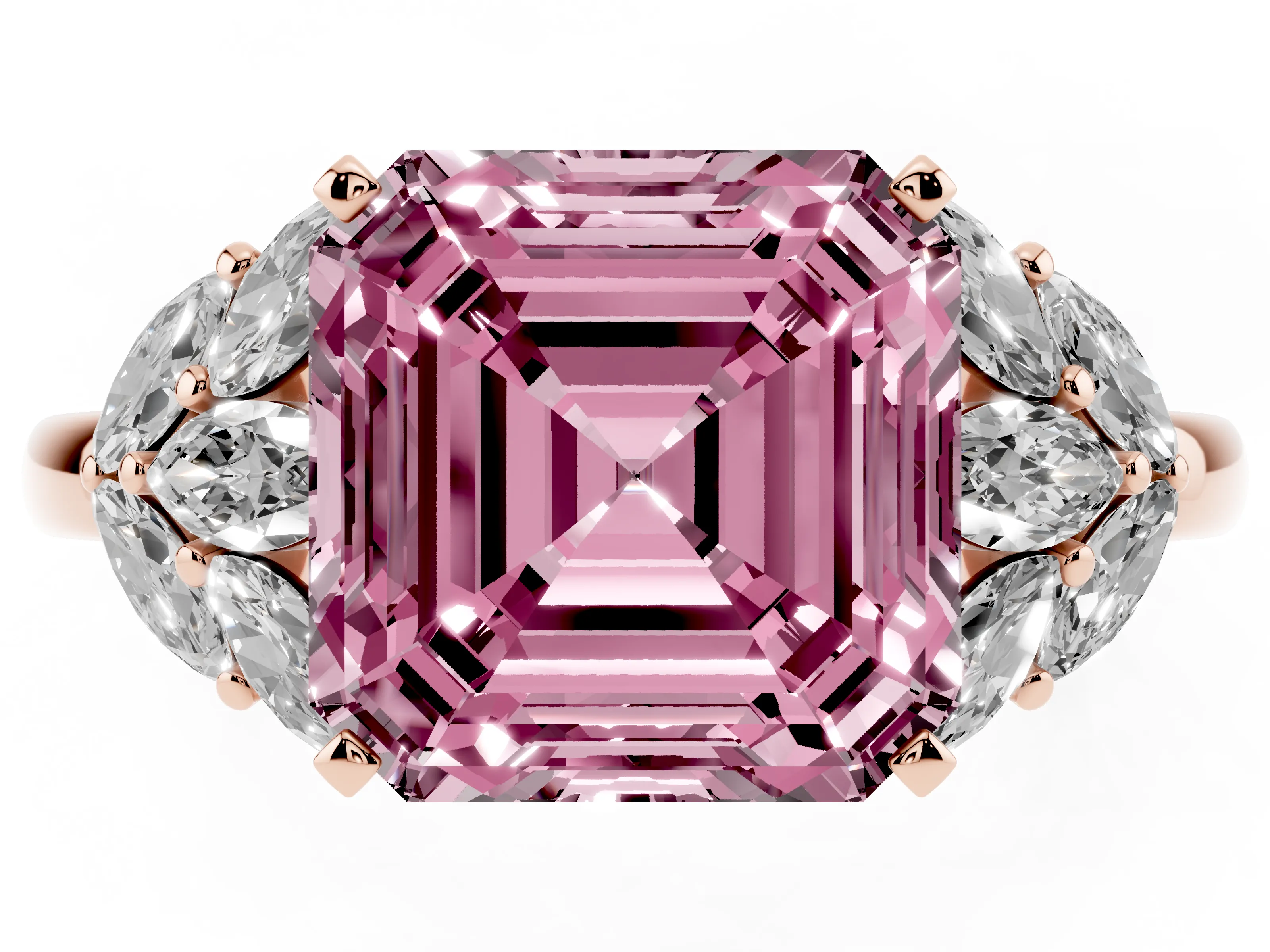 Fancy Pink Asscher Cut Diamond Cluster Leaf Design Ring Set in Rose gold with Prong Setting