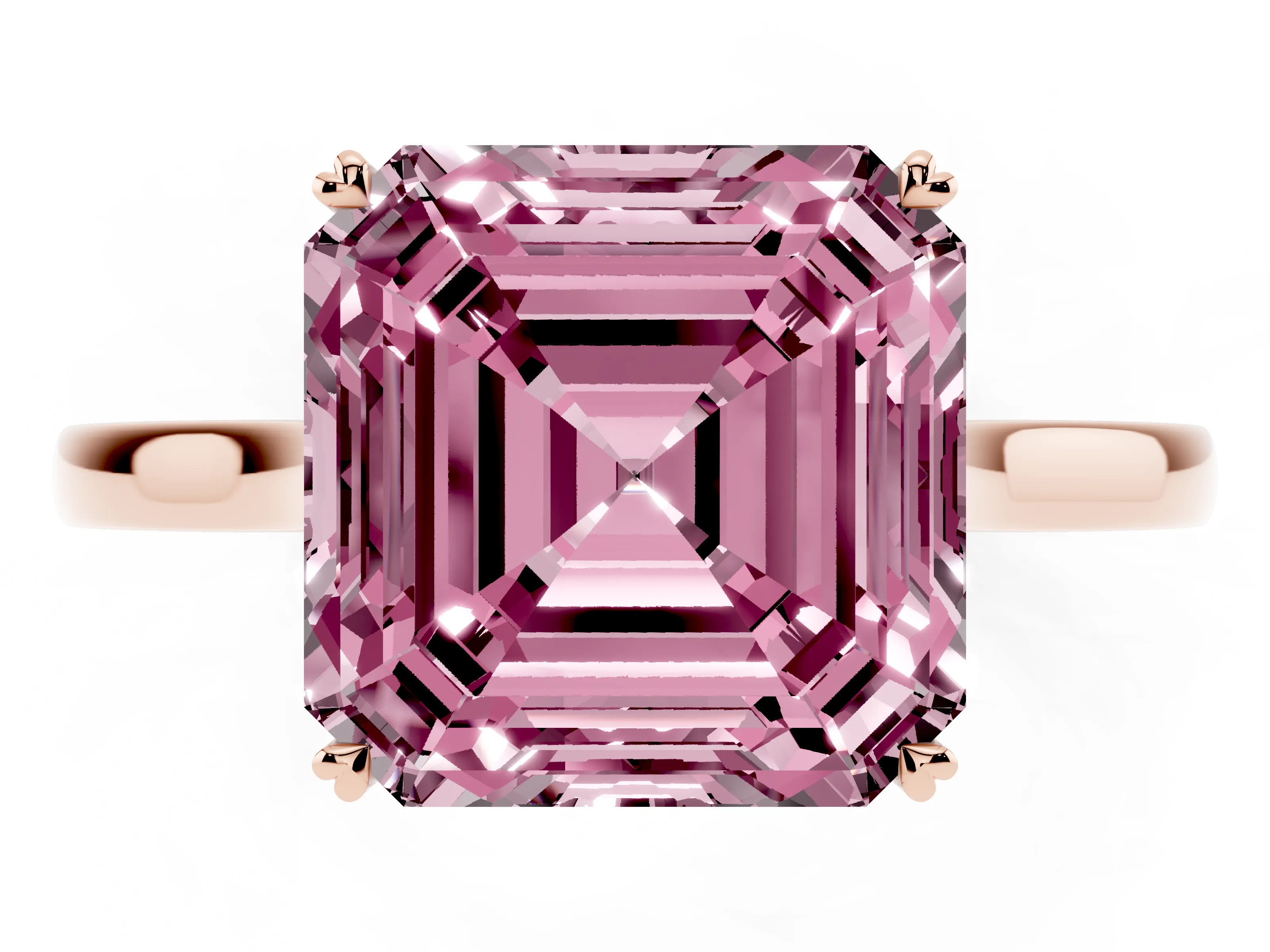 Fancy Pink Asscher Cut Diamond Solitaire Heart Prong Engagement Ring Set in Rose gold with Tapered Band
