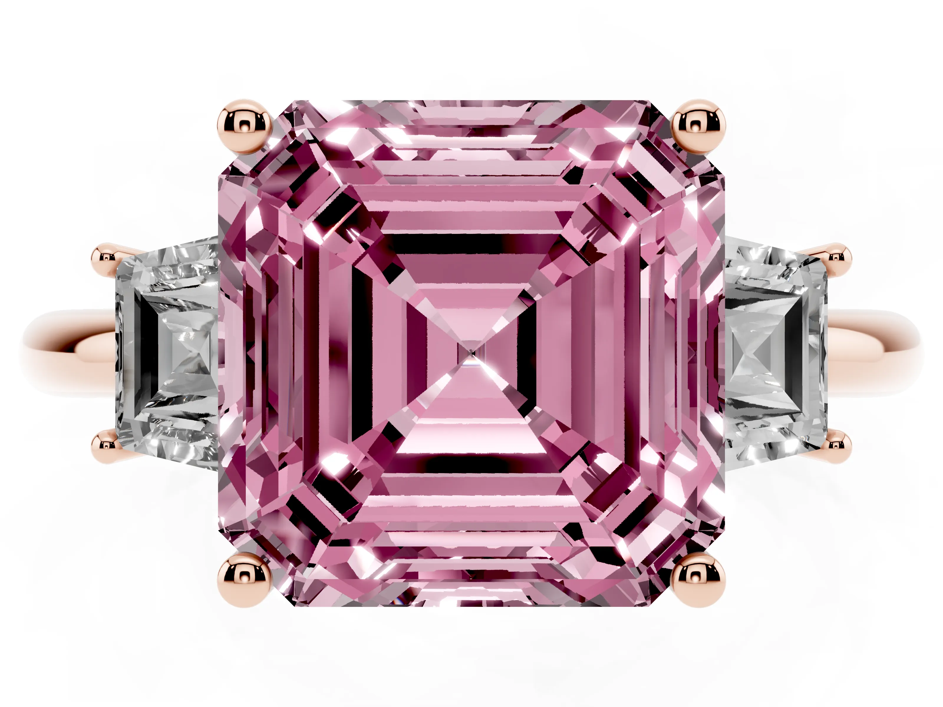 Fancy Pink Asscher Cut Diamond Three-Stone Ring Set in Rose gold with Trapezoid Side Stones and Prong Setting