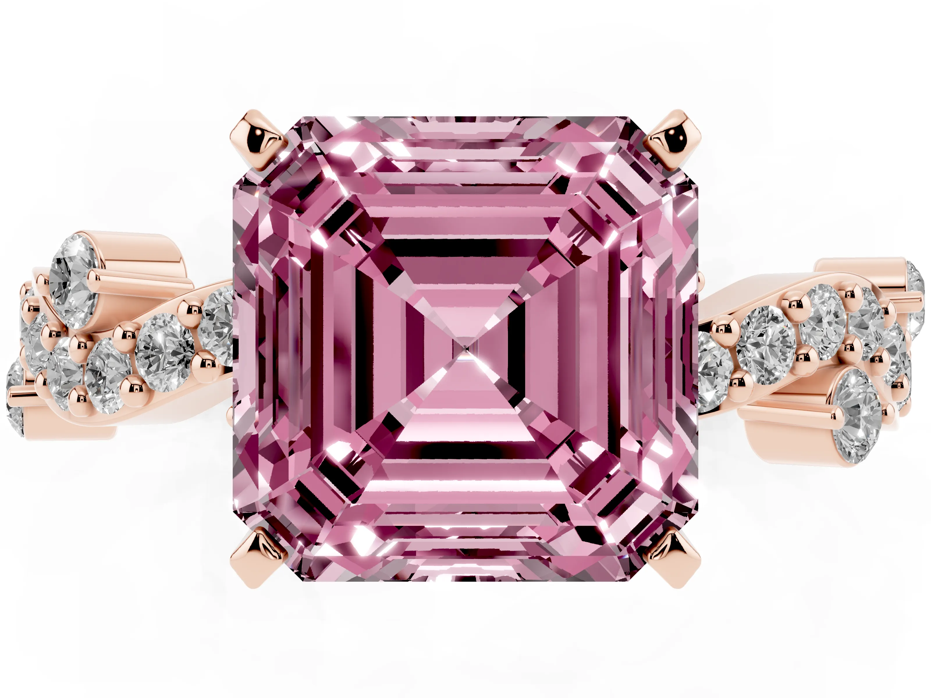 Fancy Pink Asscher Cut Diamond Solitaire Twisted Band Set in Rose gold with Pavé Setting